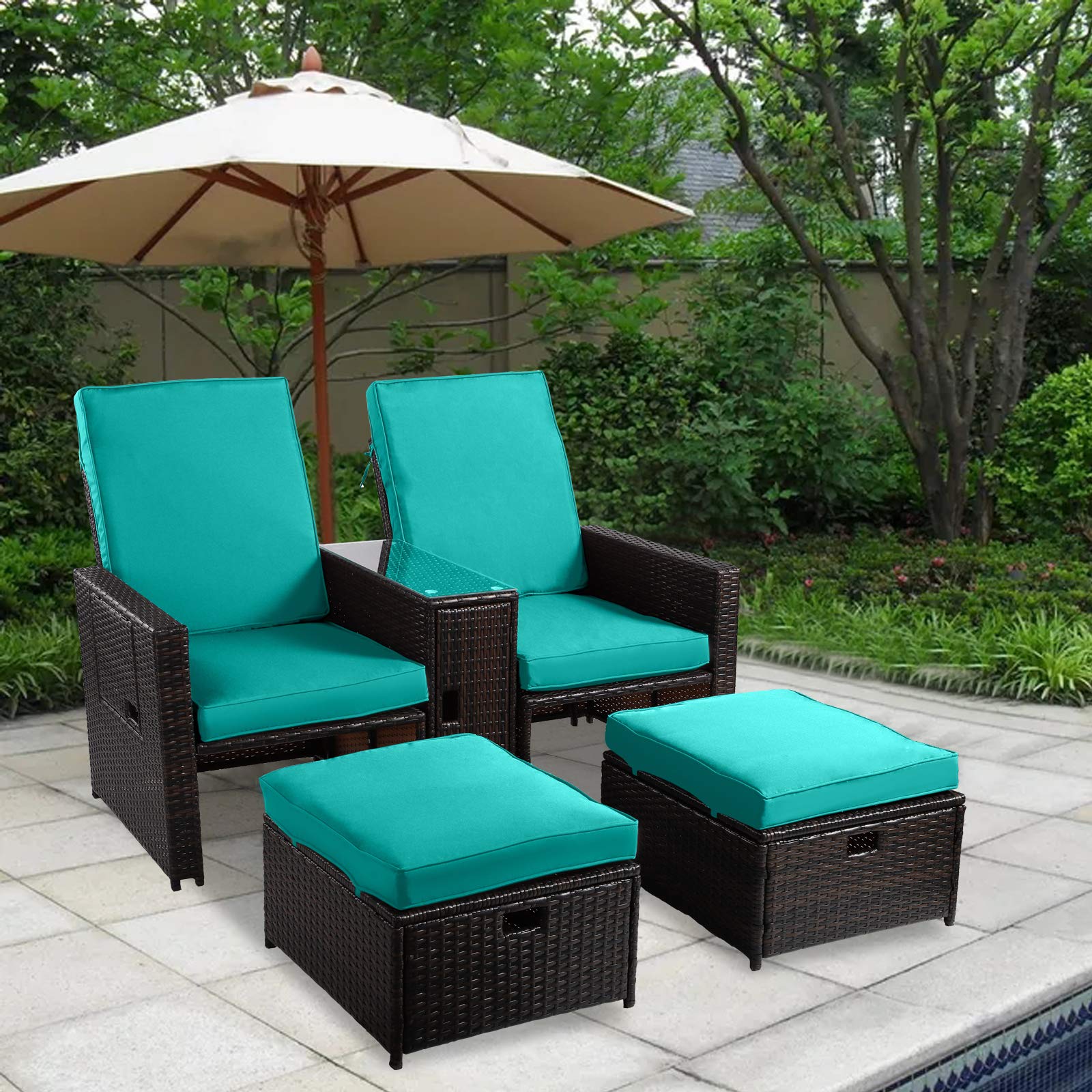 5PCS Outdoor Patio Furniture Set - Wicker Loveseat Sofa with Adjustable Backrest, Coffee Table & Ottoman - Rattan Lounge Chair for Garden, Beach, Poolside, Balcony, Backyard, Deck - Perfect for Relaxing, Entertaining & Outdoor Dining