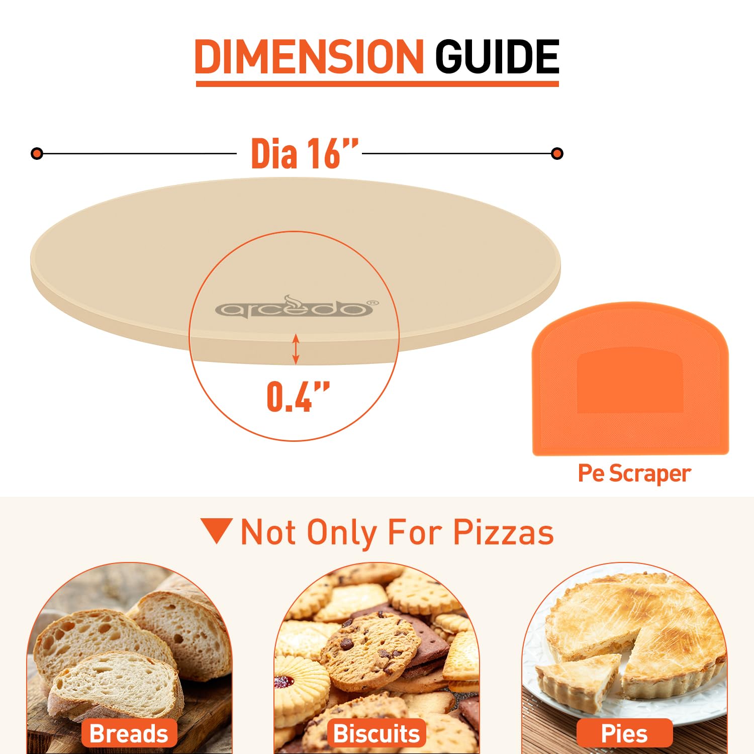 16 Inch Round Cordierite Pizza Stone for Oven - Thermal Shock Resistant Baking Stone for Bread, Pizza & BBQ Grilling - Includes PE Scraper - Perfect for Home Baking, Outdoor Cooking & Restaurant Use