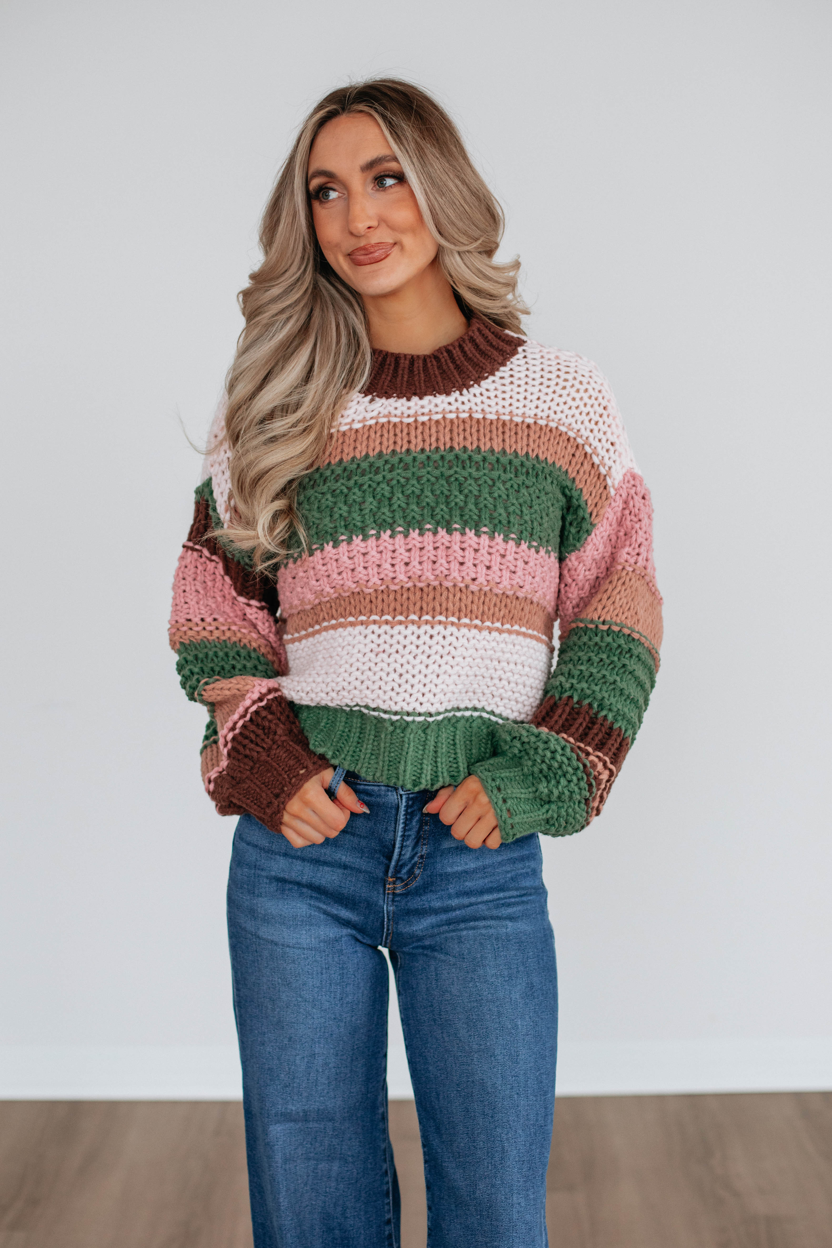 Celia Colorblock Sweater for Women | Trendy Basil Green & White Knit Pullover | Cozy Winter Fashion for Casual Outings & Office Wear