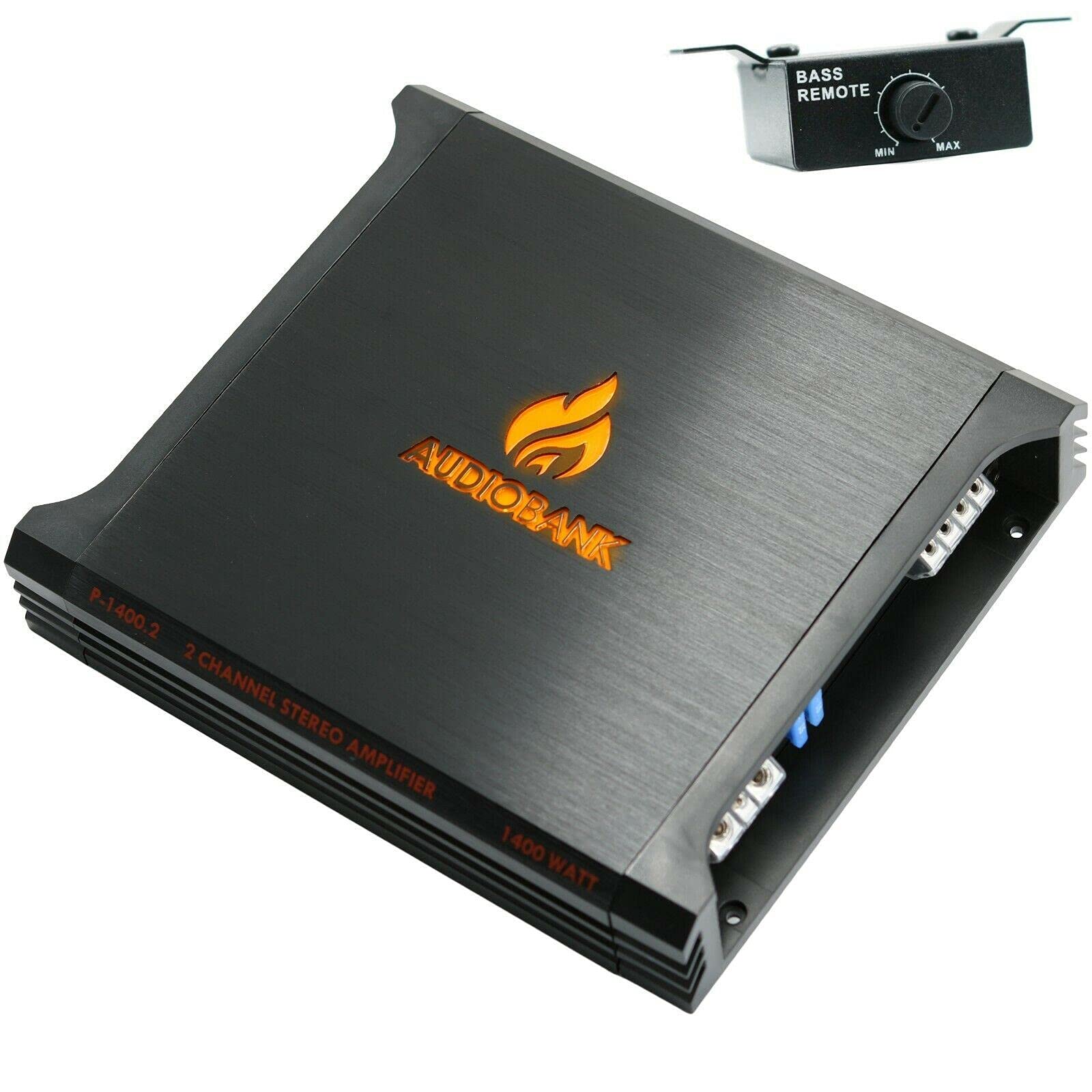 Audiobank AB1400.2 2400W 2-Channel Class A/B Car Amplifier - 2 Ohm Stable, Bass Control, Bridgeable, LED Indicator with 4 Gauge Amp Kit (Blue) - Perfect for Car Audio Upgrades & Bass Enhancement Systems