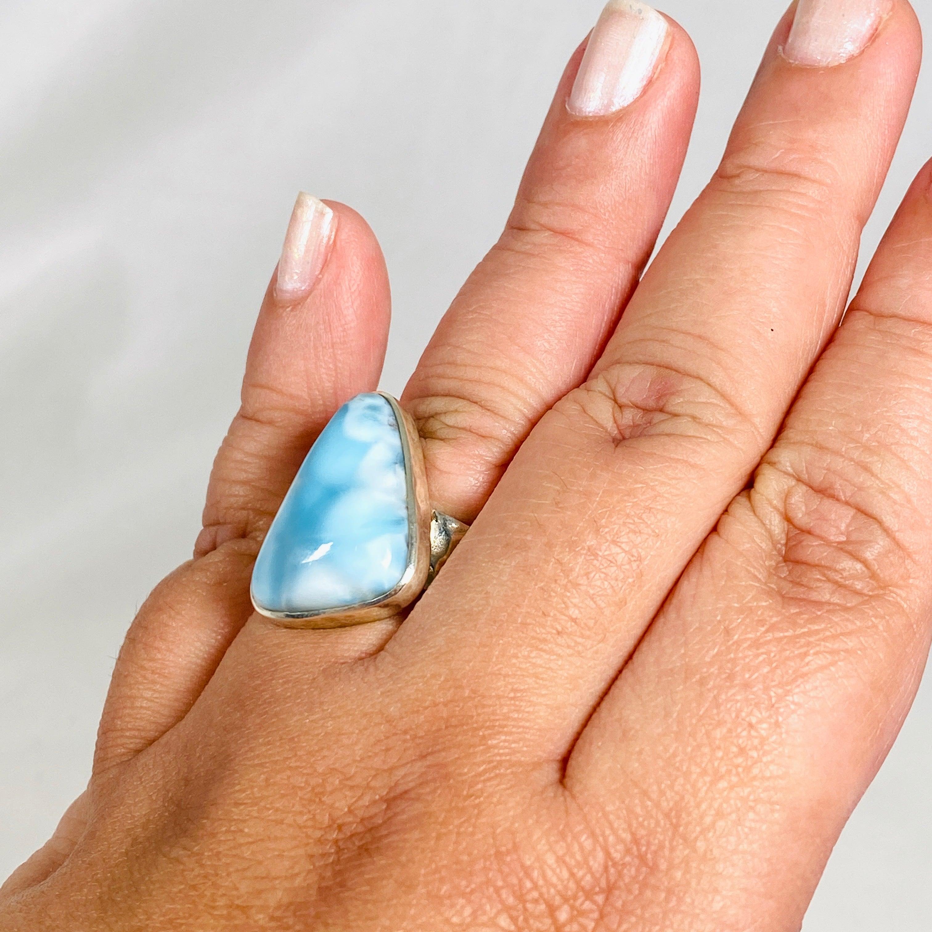 Larimar Triangular Ring with Hammered Band - Size 11 Sterling Silver Jewelry KRGJ3101 | Perfect for Boho Fashion, Beach Weddings & Gift Giving