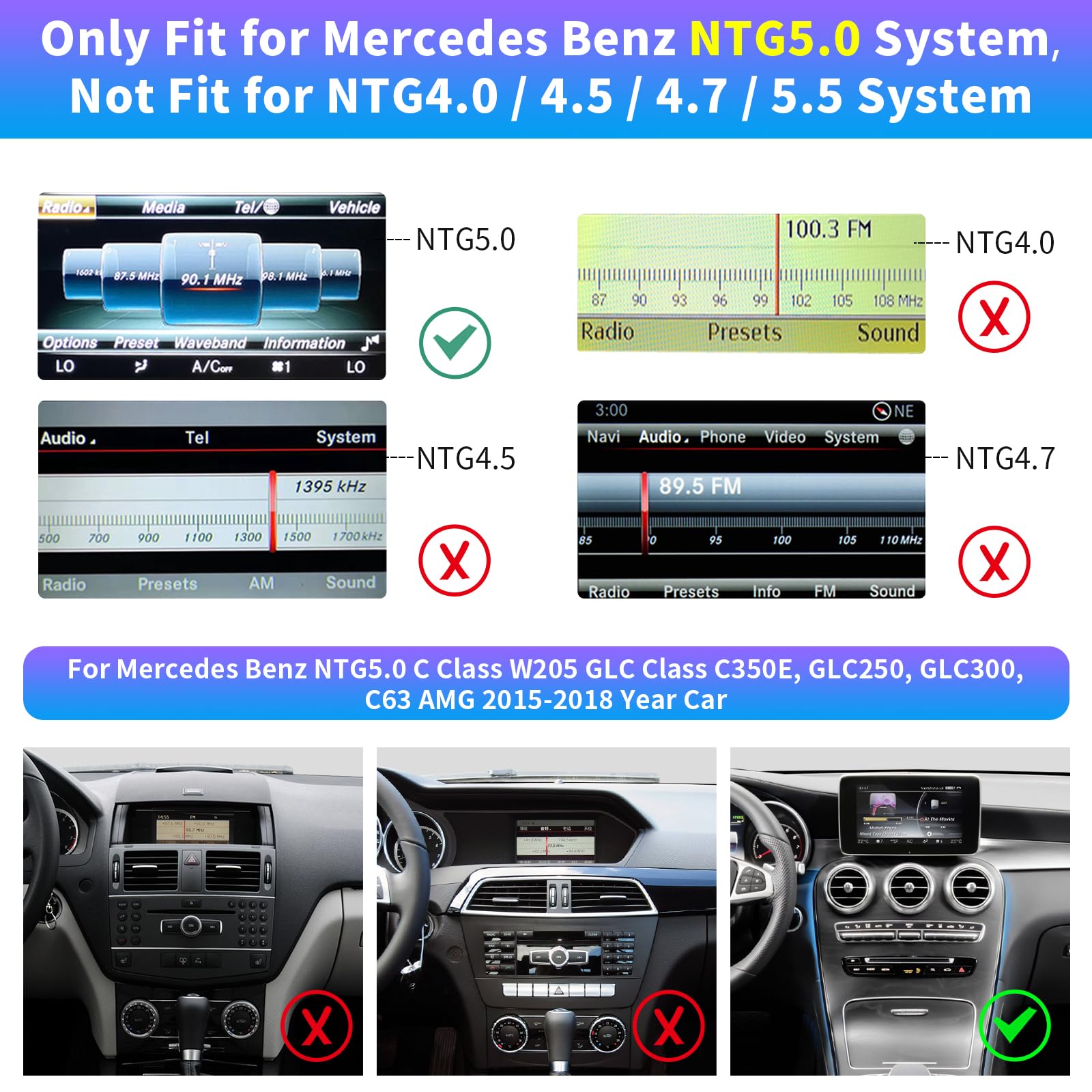 Road Top Wireless CarPlay & Android Auto Adapter for Mercedes Benz C-Class & GLC-Class W205 (2016-2018) with NTG5.0 - Supports MirrorLink, Navigation, Backup Camera & Siri - Perfect for Hands-Free Driving & Entertainment