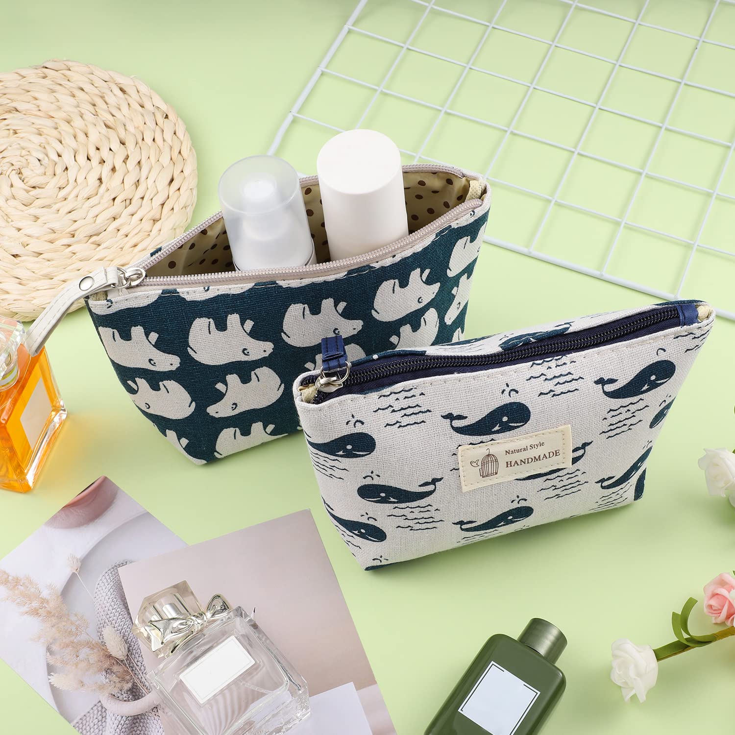 4 Pcs Canvas Cosmetic Bags - Waterproof Printed Makeup Organizer with Zipper for Women & Girls | Multi-Functional Travel Toiletry Pouch | Perfect for Vacation, Gym, Beach & Daily Essentials Storage