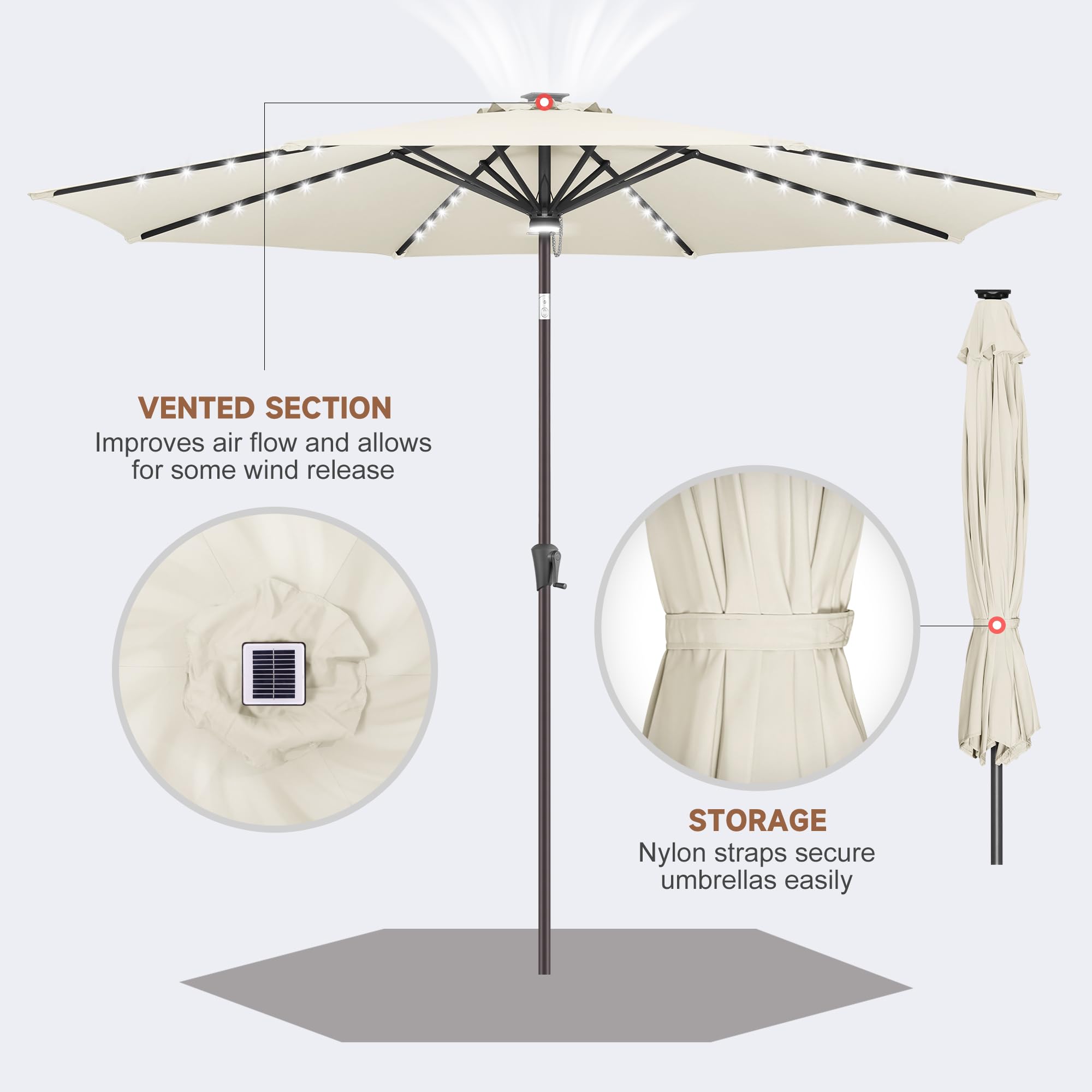9 ft Solar Powered LED Patio Umbrella with 40 Energy-Saving Lights - Waterproof Outdoor Market Umbrella for Garden, Poolside, Backyard & Beach - Ivory