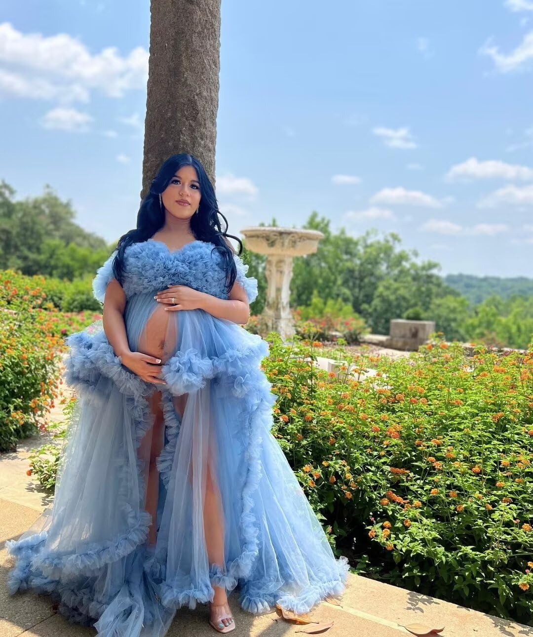 Elegant Tulle Maternity Dress for Photoshoot - Long Puffy Bridal Gown & Lingerie Robe - Perfect for Baby Shower, Wedding, and Special Occasions
