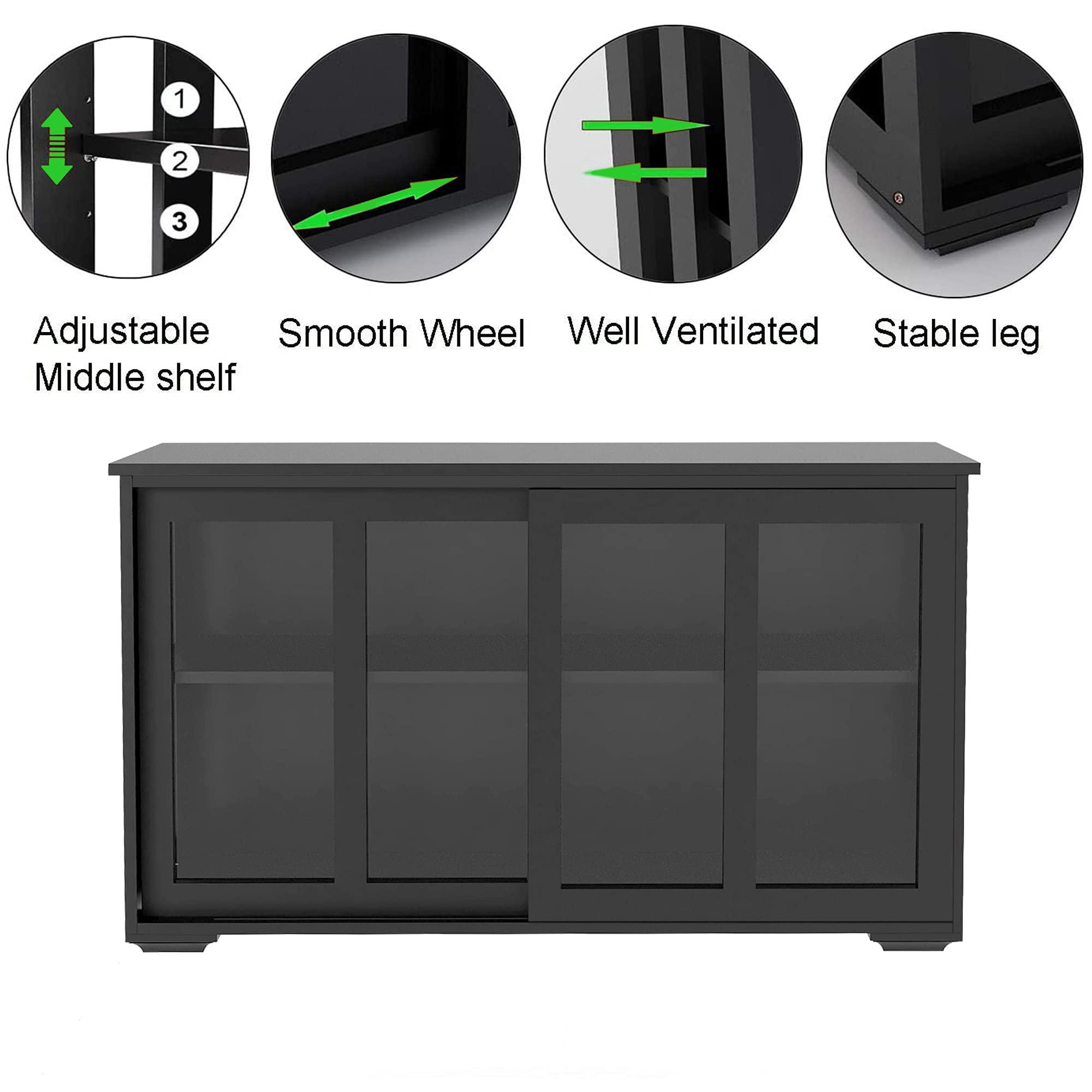 Antique Black Stackable Sideboard Cabinet with Glass Sliding Door & Adjustable Shelves - Universal Kitchen Storage, Buffet Cupboard for Dining & Living Room - Perfect for Small Space Organization & Home Decor