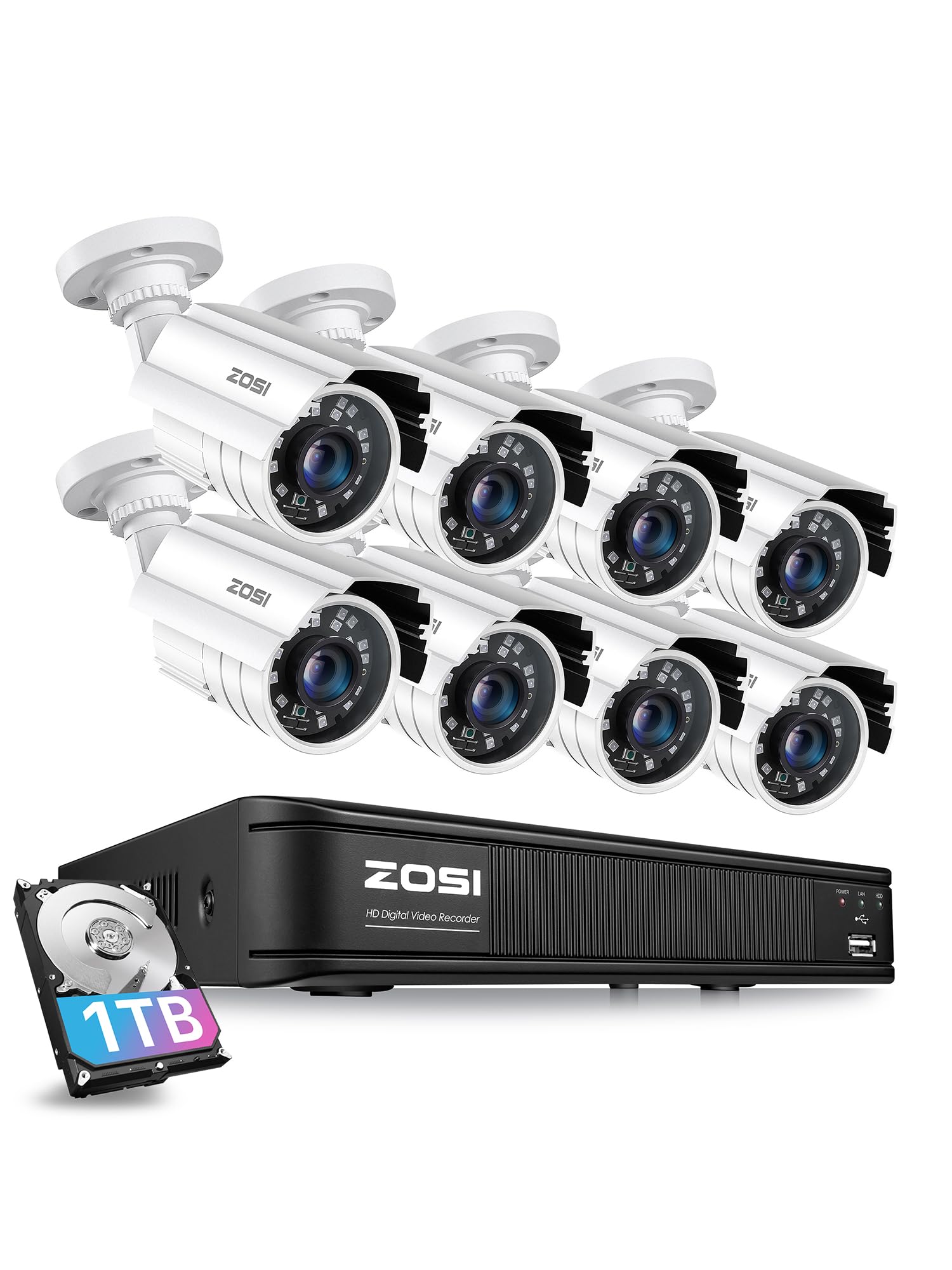ZOSI 8 Channel 5MP-Lite H.265+ DVR Security Camera System with 8 Weatherproof 1080p HD Bullet Cameras, AI Human & Vehicle Detection, 80ft Night Vision, 1TB HDD - Ideal for Home, Business & Outdoor Surveillance (Indoor/Outdoor Use)