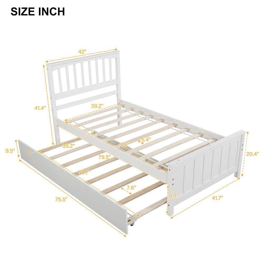 White Double Bed Frame with Rollers - Wooden Platform Bed Frame - Simple & Spacious Design - Easy to Move - Perfect for Small Apartments, Guest Rooms & Dormitories