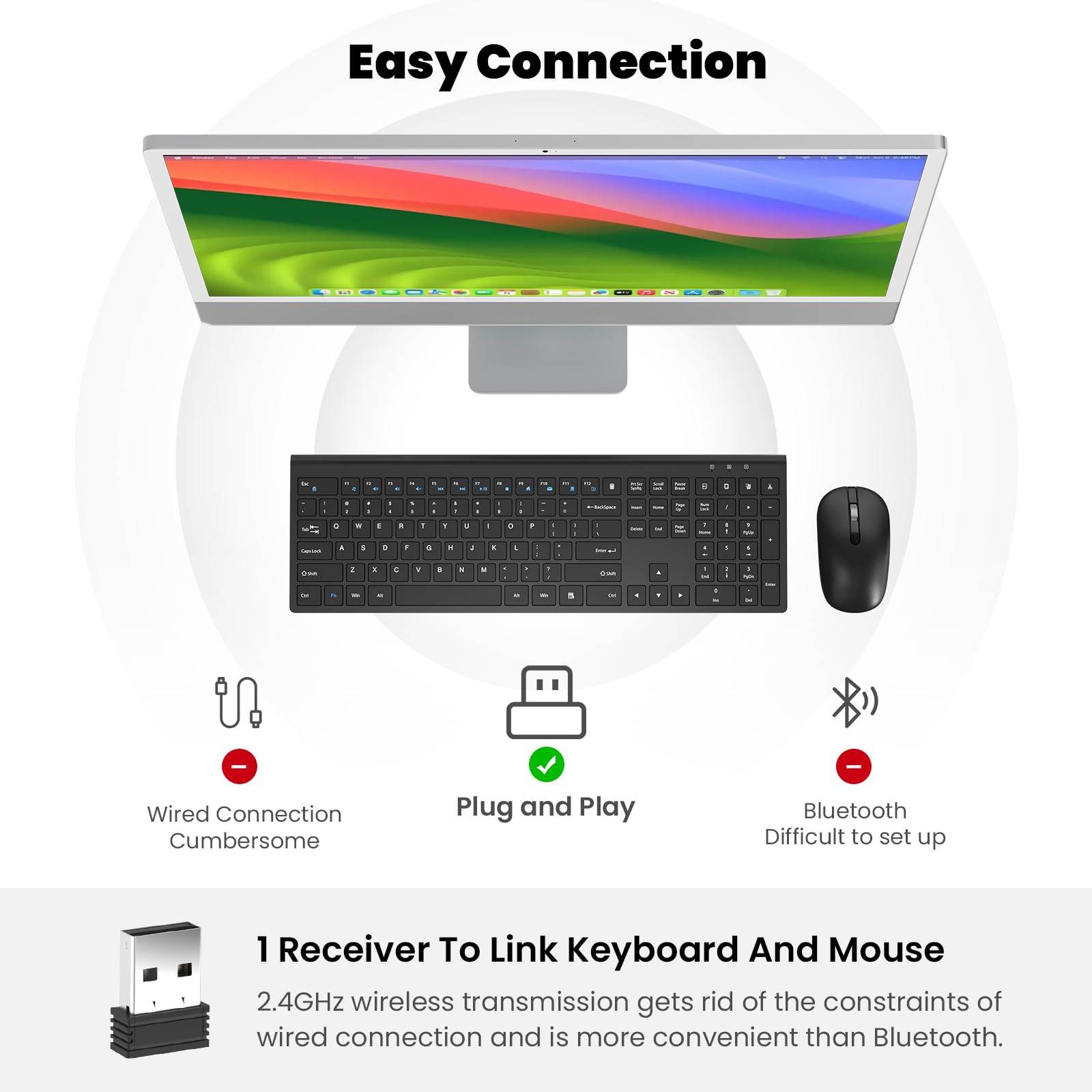 Cimetech Wireless Keyboard and Mouse Combo - 2.4G USB Full-Size Ergonomic Wireless Keyboard with Adjustable Mouse for PC, Laptop, Mac, Windows (Black) - Perfect for Office Work, Gaming & Home Computing