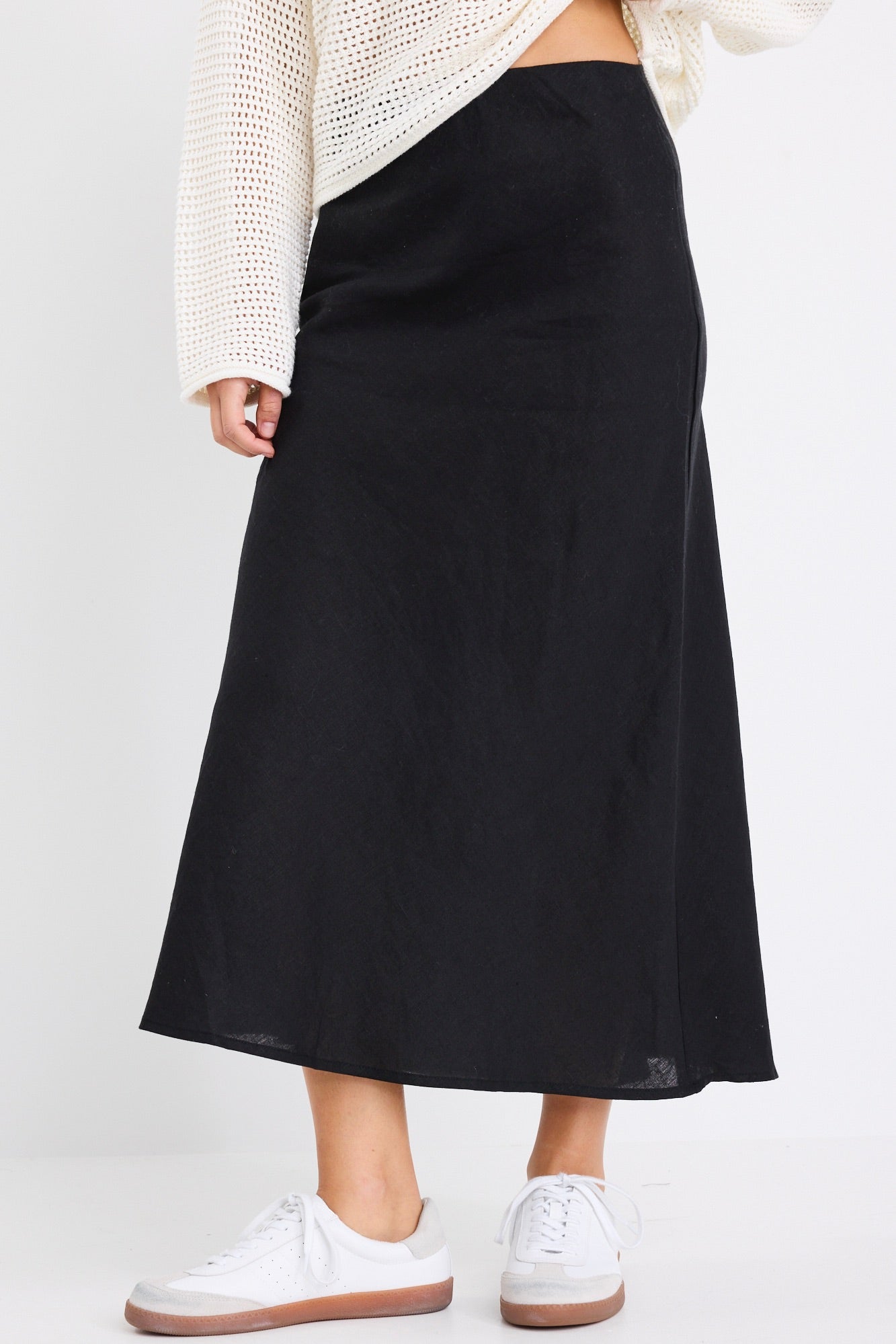 Bliss Black Linen Bias Midi Skirt for Women - Summer Casual A-Line Skirt with Side Slit - Perfect for Office, Date Night & Vacation