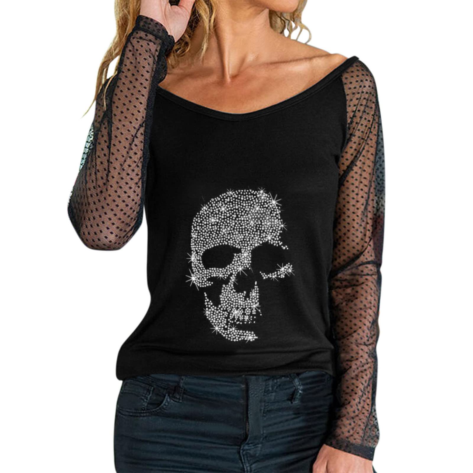 Women's Mesh Long Sleeve V-Neck Top - Skull Printed Casual Shirt with Patchwork Design - Perfect for Halloween, Gothic Fashion, and Everyday Streetwear