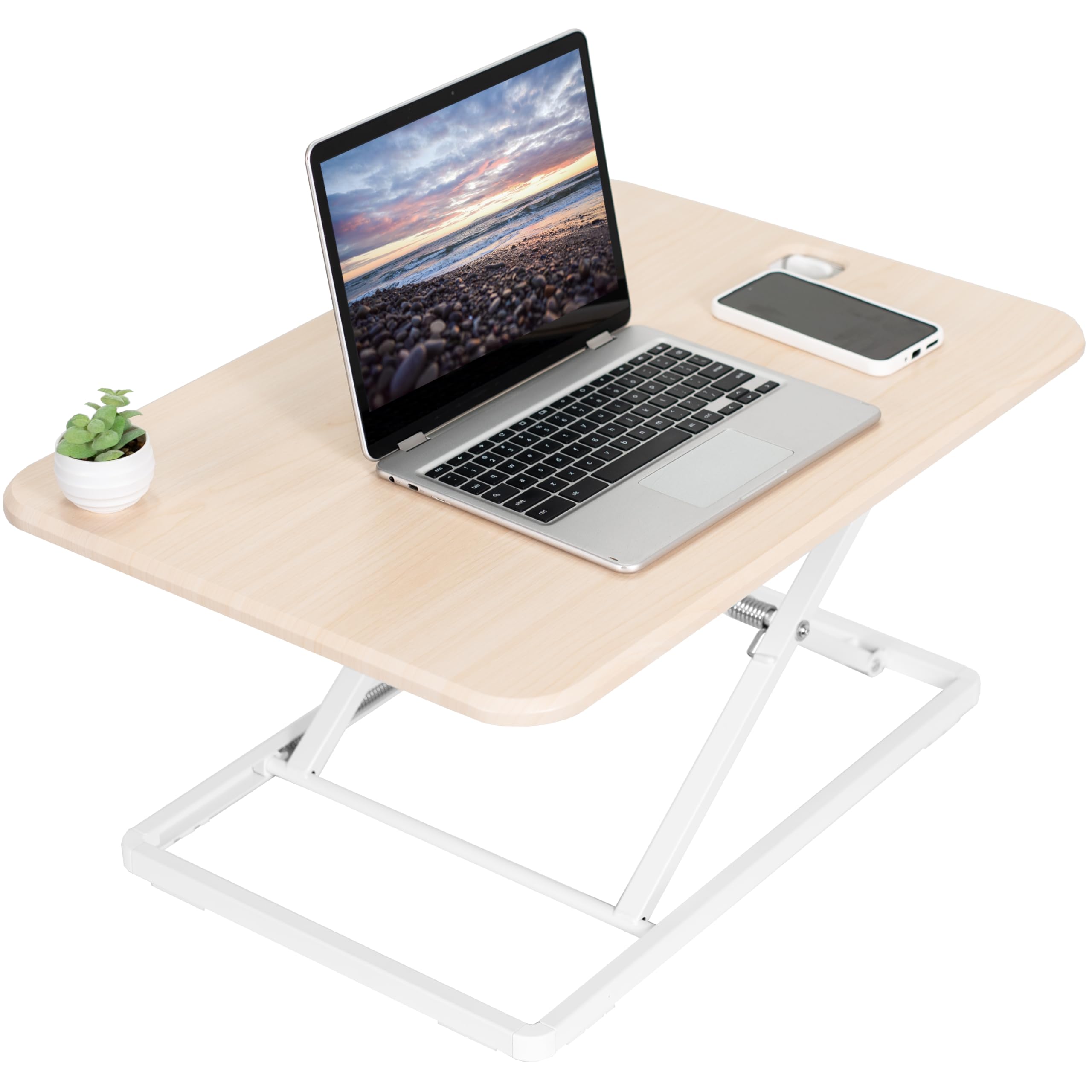 VIVO Ultra-Slim Single Monitor Stand Up Desk Riser - Height Adjustable Sit to Stand Workstation for Laptop & Computer - Light Wood Finish (DESK-V001JF) - Perfect for Home Office, Workspace & Ergonomic Setup