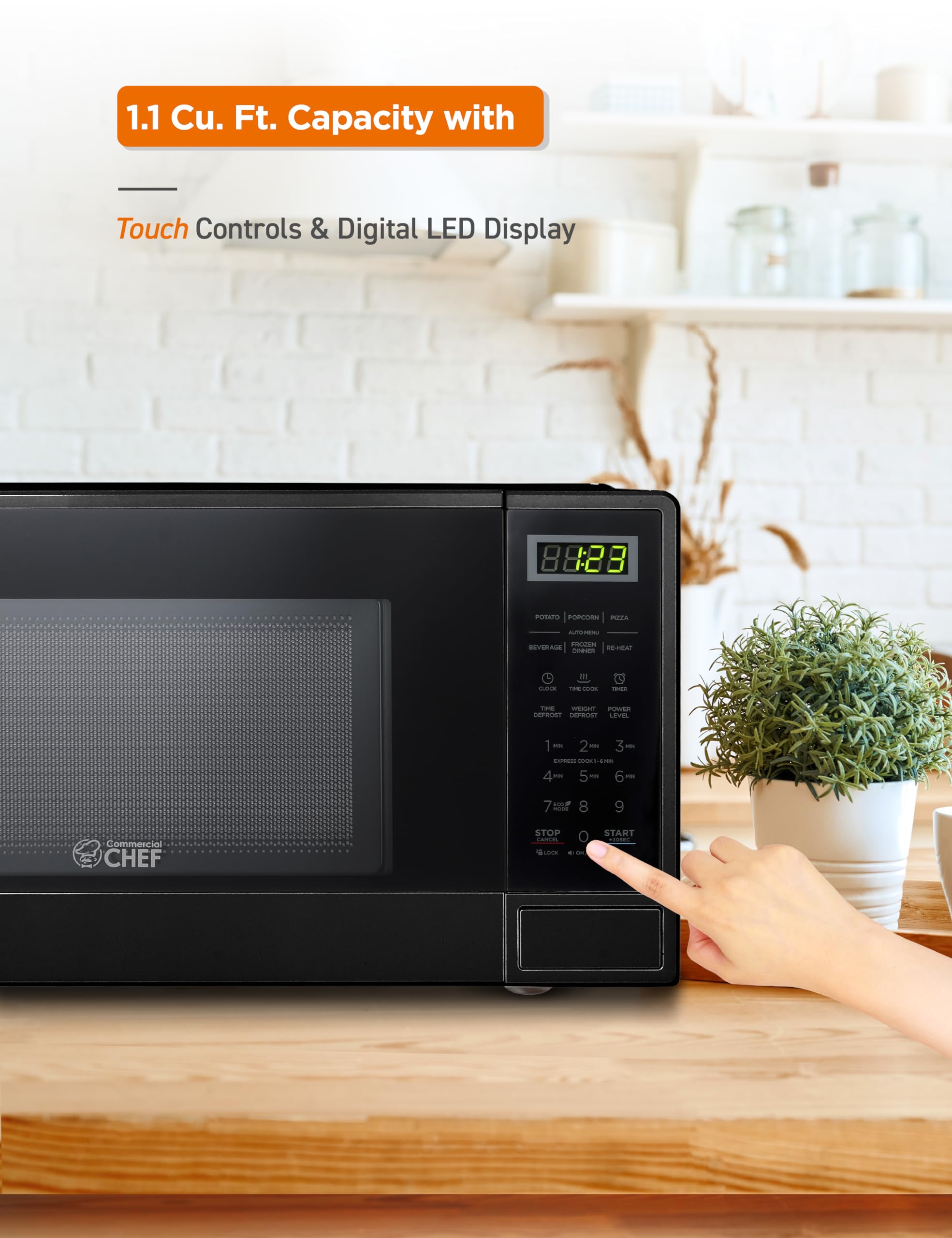 Commercial Chef 1.1 Cu Ft Compact Microwave Oven - 1000W Countertop Microwave with 10 Power Levels, Push Button Controls, Digital Display, Kitchen Timer & Safety Door Lock (Black) - Perfect for Small Kitchens, Dorms, Offices & RVs
