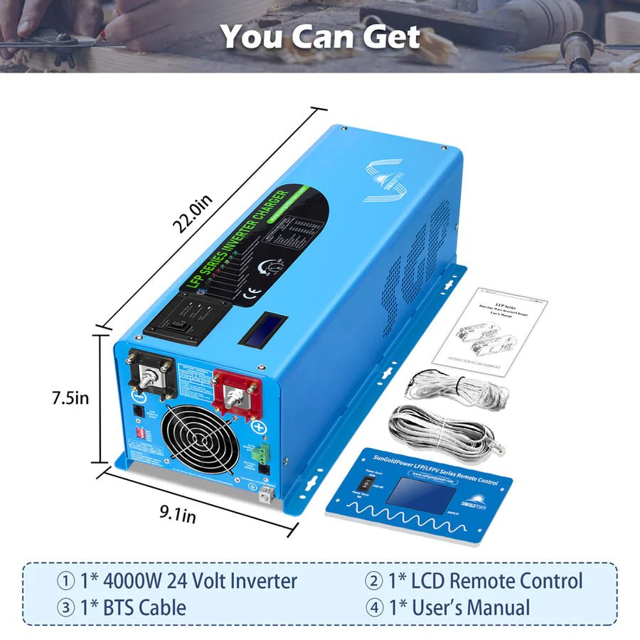 SunGoldPower 4000W 24V Pure Sine Wave Inverter with Charger - Split Phase Power Converter for RVs, Solar Systems & Off-Grid Living