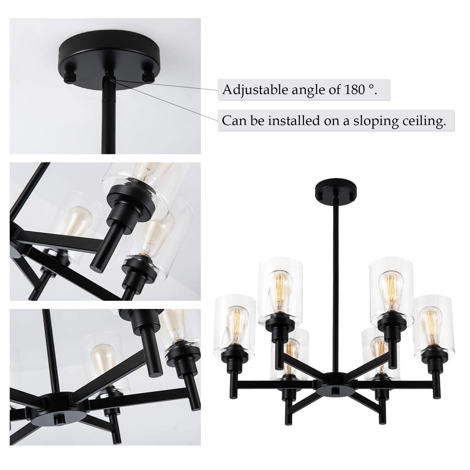 6-Light Black Farmhouse Chandelier - Industrial Hanging Light Fixture with Clear Glass Shade for Dining Room, Kitchen Island, Living Room, Entryway, Bathroom & Bedroom | Perfect for Rustic Home Decor and Modern Farmhouse Lighting