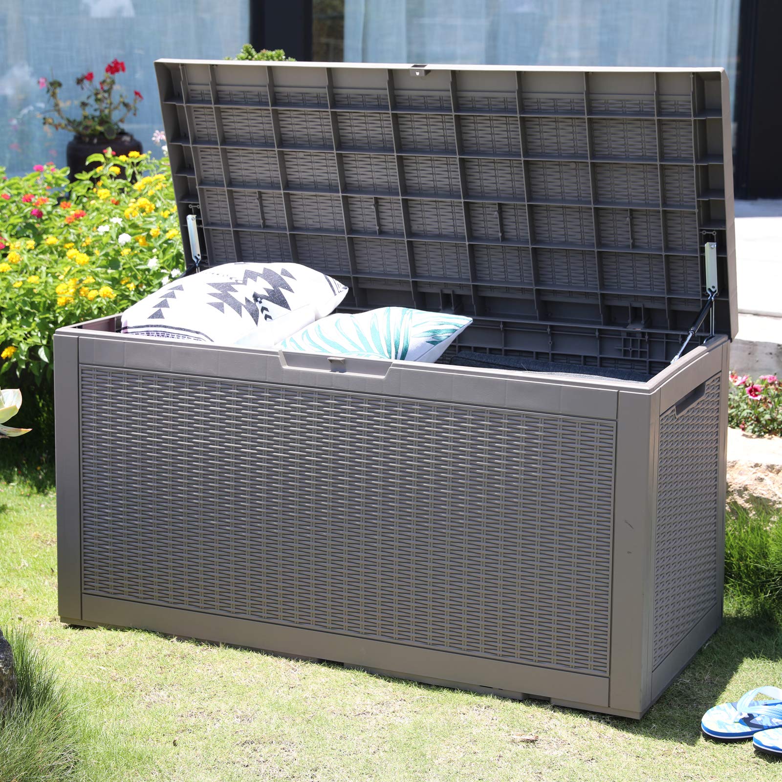 100 Gallon Polypropylene (PP) Deck Box - Waterproof, Lockable Storage Container for Indoor & Outdoor Use - Organize Patio Furniture, Pool Toys, Garden Tools - Gray with Cushion