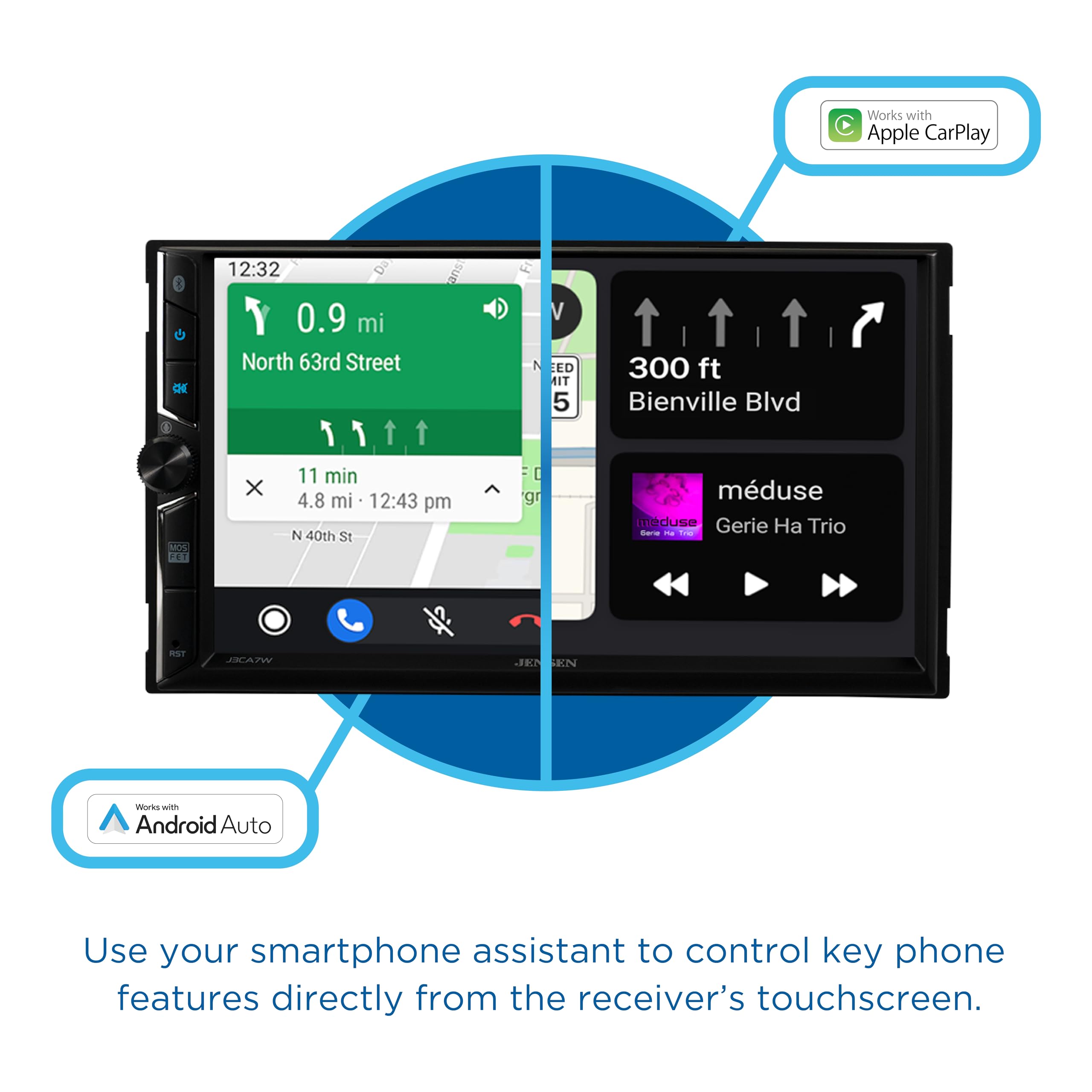 JENSEN J3CA7W 7-inch Double DIN Car Stereo with Apple CarPlay & Android Auto - Wireless & Wired Touchscreen Radio | Bluetooth | Backup Camera Input | USB Playback & Charging | Perfect for Road Trips & Daily Commutes