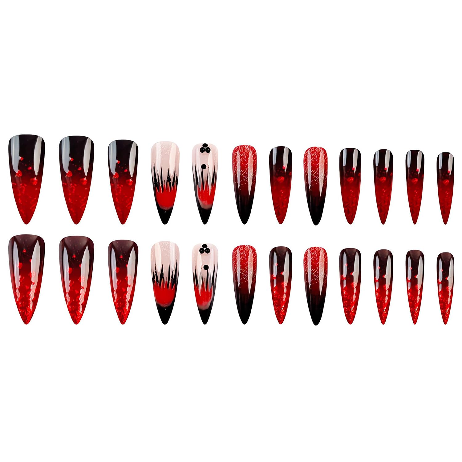Long Stiletto Press on Nails - Black Red Gradient with Diamond Glitter | Glossy Full Cover Fake Nails | French Acrylic False Nail Tips | Cute Stick on Nails for Women | Perfect for Parties, Weddings & Special Occasions