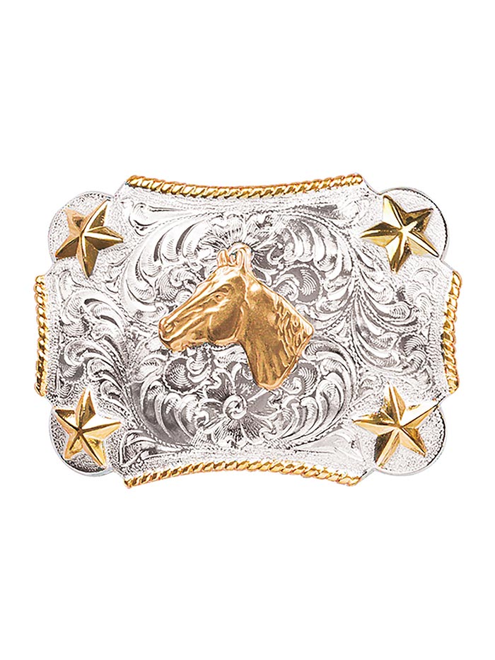 Nocona 3603207 Kids Horsehead Rope Edge Western Buckle Belt - Silver & Gold for Boys & Girls - Perfect for Rodeo, Cowboy Costume & Western Fashion