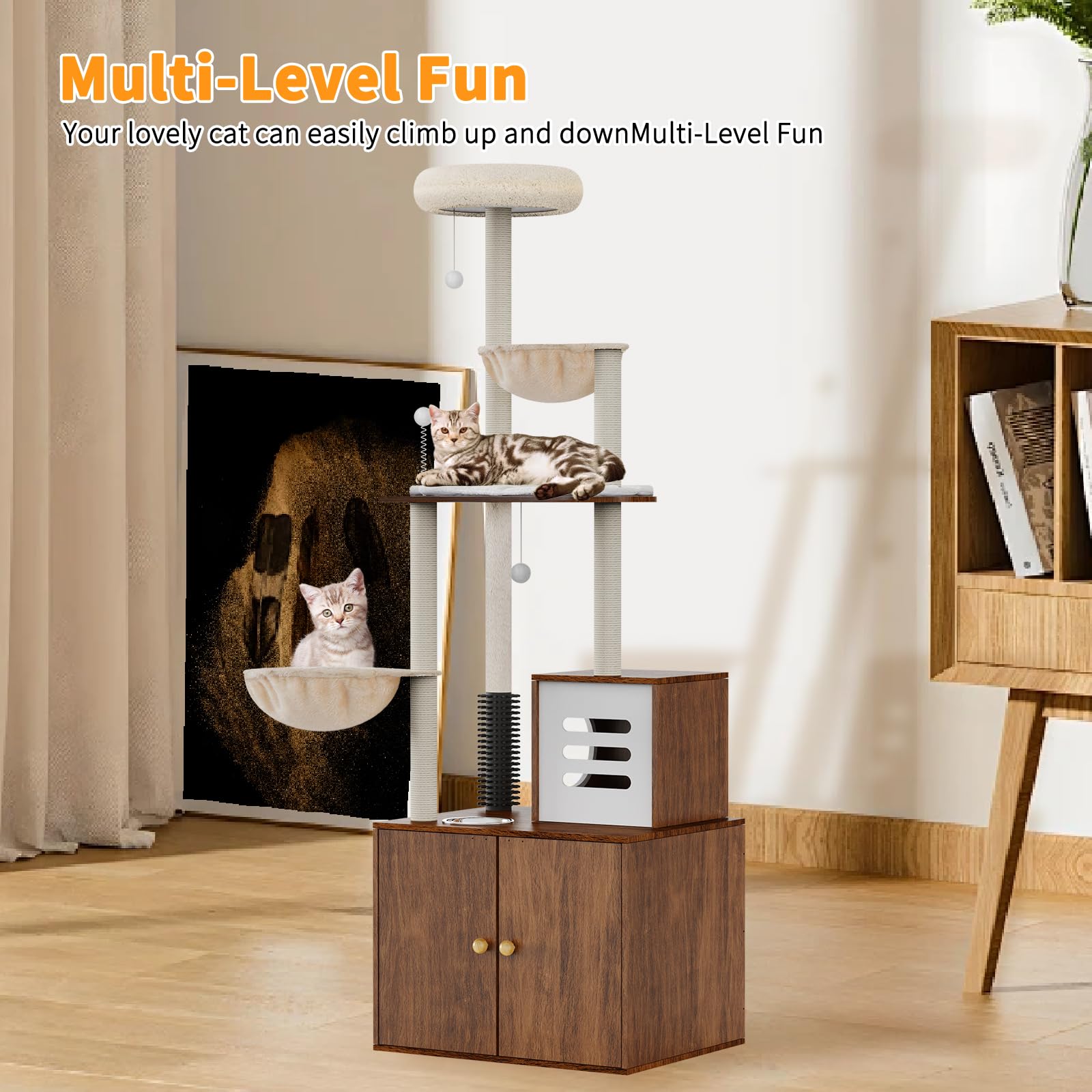 72 Inch Tall Cat Tree with Hidden Litter Box - All-in-One Cat Climbing Tower with Scratching Posts, Perch, Platform & Food Station - Multi-Level Indoor Cat Furniture for Small Spaces - Perfect for Apartments & Homes with Multiple Cats