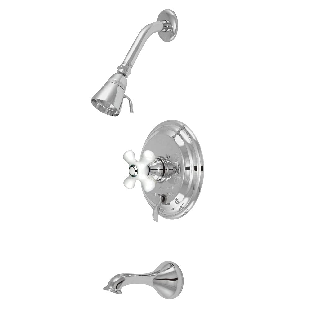 Kingston Brass KB36310PX Polished Chrome Tub and Shower Faucet with Porcelain Cross Handle - Vintage Style Bathroom Fixture for Restoration Projects, Perfect for Classic Home Decor