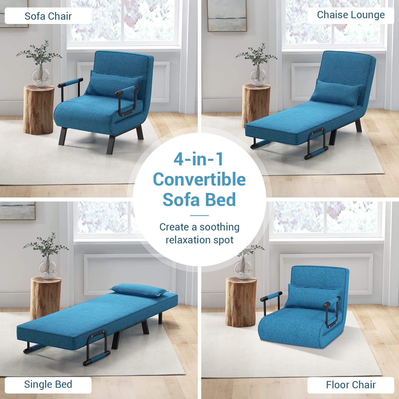 HOMGX 4-in-1 Convertible Sofa Chair Bed - Adjustable Recliner Sleeper with 6-Position Backrest, Foldable Lounge Seat with High Elastic Sponge - Perfect for Living Room, Bedroom, Office & Small Spaces (Blue)