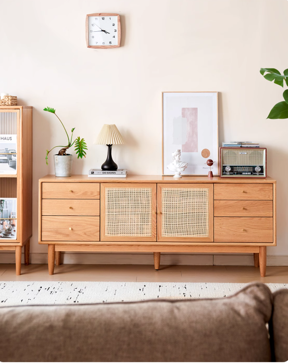 Modern Oak Solid Wood Rattan TV Stand with Storage - Entertainment Center for Living Room, Bedroom & Home Theater Setup