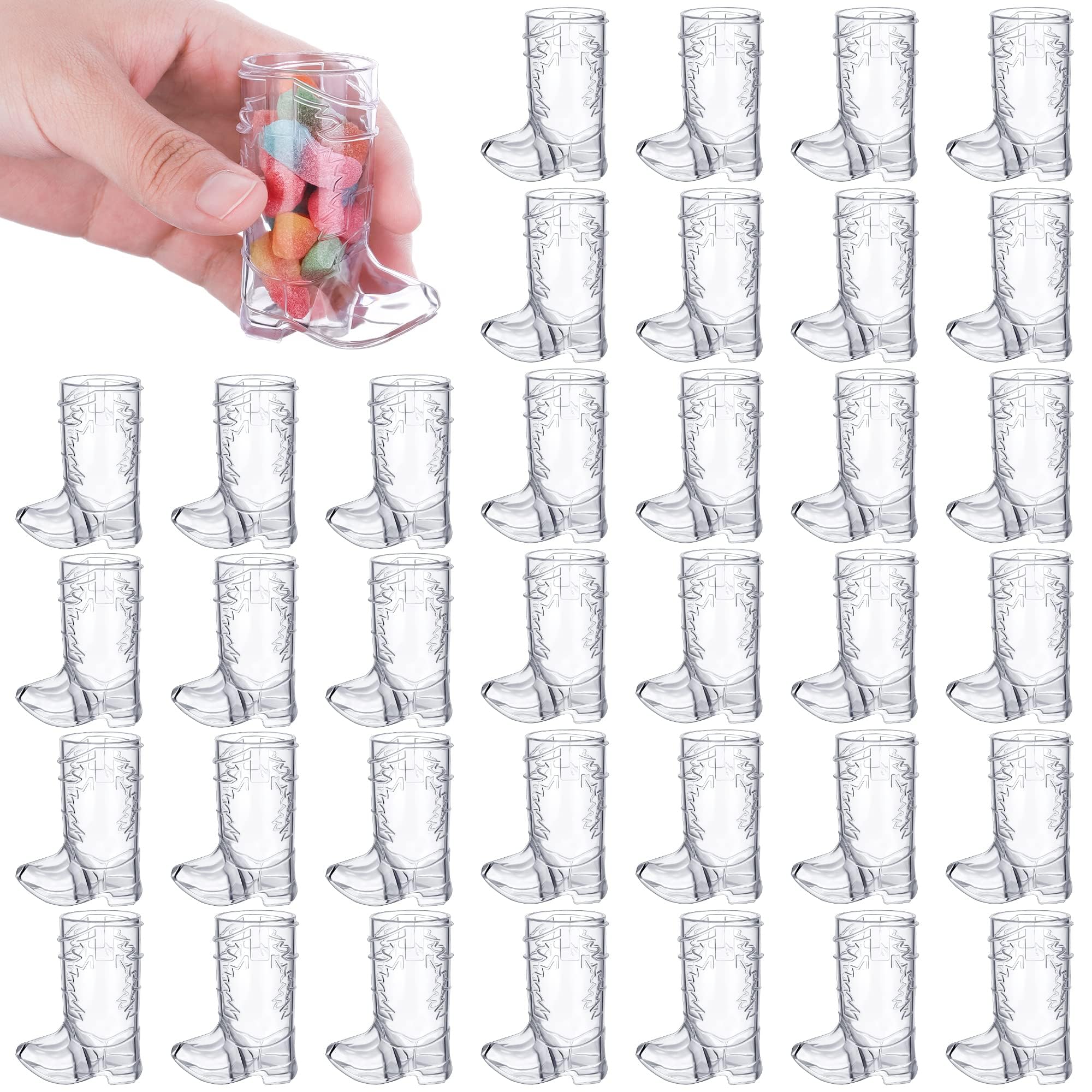 ADXCO 36 Pack Clear Plastic Mini Cowboy Boot Shot Glasses - 1 oz Reusable Party Cups for Western Theme Parties, Bachelorette Events, Wedding Decorations - Perfect for Cowboy Themed Celebrations, Bar Accessories and Country Style Home Decor