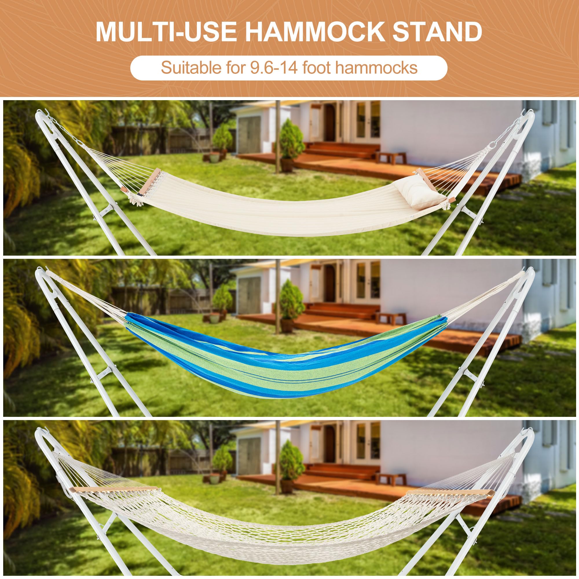 Heavy Duty Universal 2-Person Hammock Stand - 660LBS Capacity Steel Frame for 9.6-14ft Hammocks - Indoor & Outdoor Use - White - Perfect for Backyard Relaxation, Camping Trips, and Patio Lounging