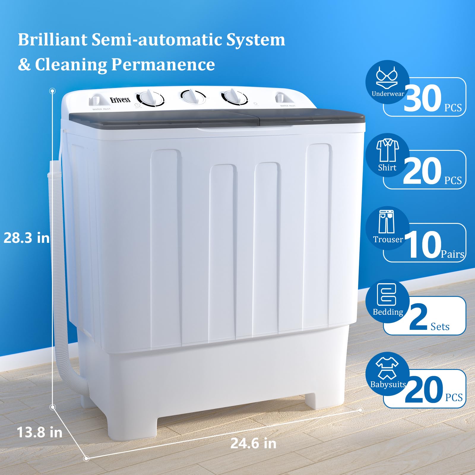 22 lbs Compact Mini Twin Tub Washing Machine with Drying Rack & 10 Hangers - 13 lbs Washer & 9 lbs Spinner - Portable Laundry Solution for Dorms, Apartments, RVs & Small Spaces - Perfect for Travel, Camping & Tiny Homes