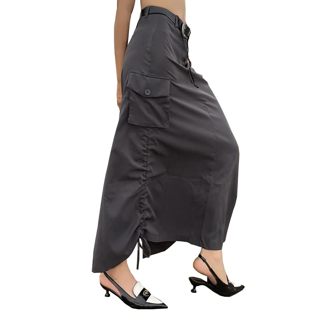 Low Rise Ruched Drawstring Long Cargo Skirts for Women - A-Line Flared Maxi Baggy Skirts | Vintage Harajuku Streetwear & E-Girl Fashion | Perfect for Casual Outfits, Street Style & Festival Looks
