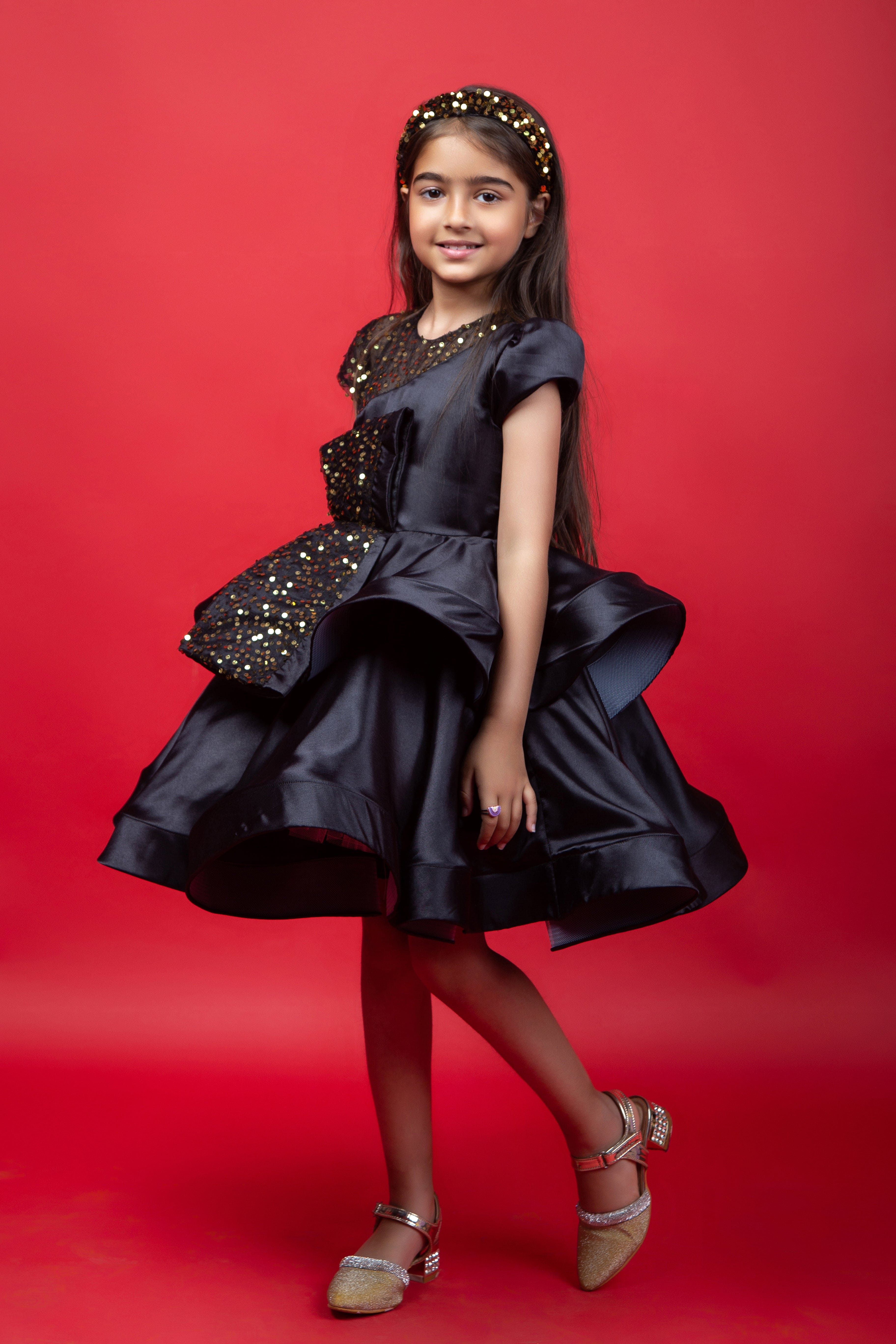 Pre Order: Elegant Black Layered Dress with Sequined Bow - Perfect for Evening Parties, Weddings & Special Occasions