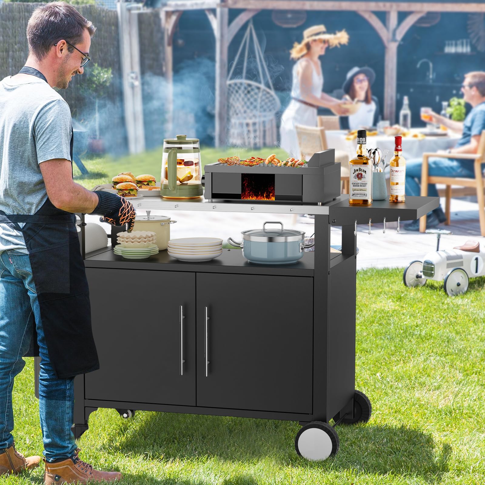 **Portable Outdoor Grill Cart with Storage - Waterproof BBQ Serving Table with Hooks & Spice Rack - Ideal for Backyard Parties, Home Gatherings & Patio Cooking**