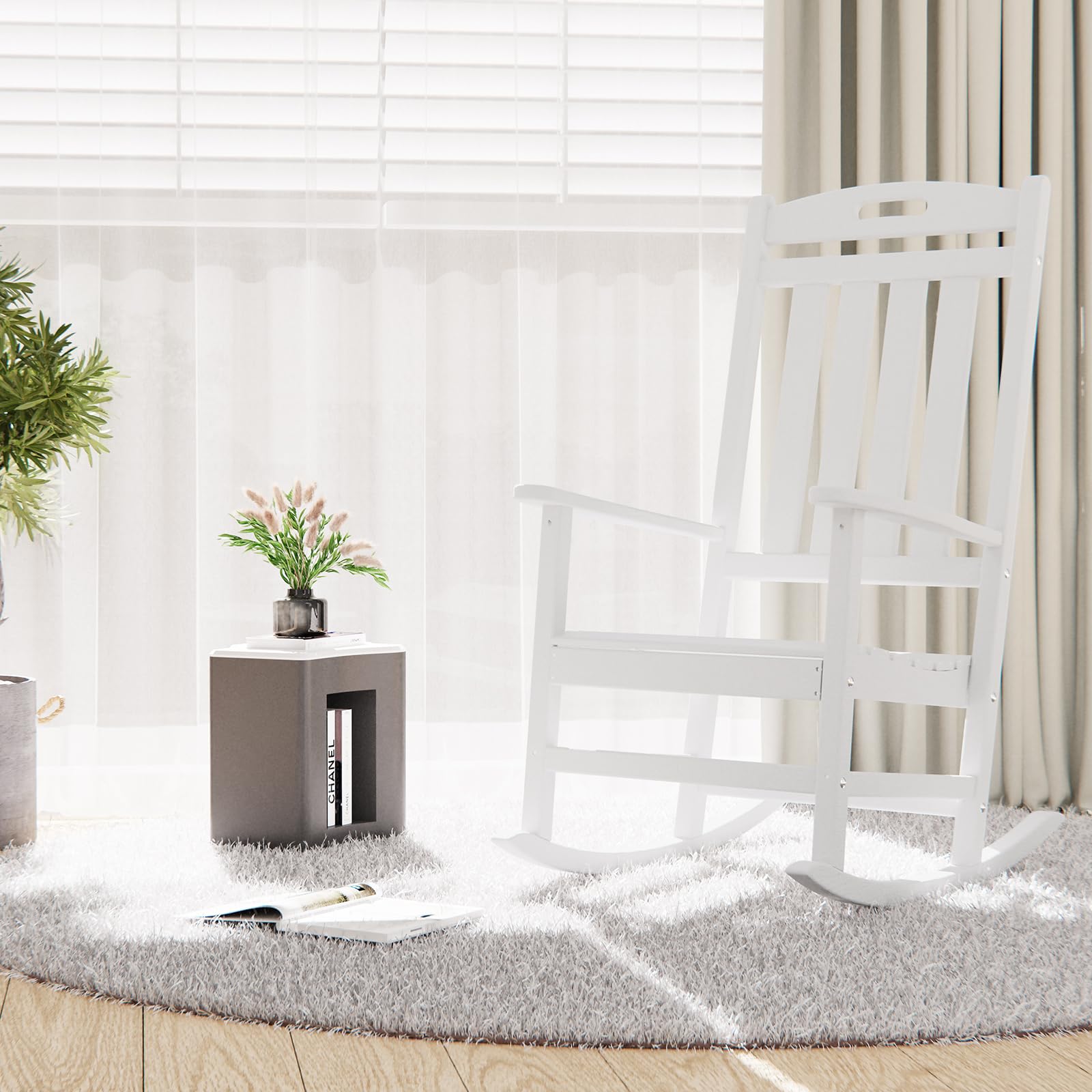 Premium HDPE Outdoor Rocking Chair - All-Weather High Back Patio Rocker for Deck, Porch, Backyard & Garden - Durable White Lawn Chair for Relaxing Indoors & Outdoors - Perfect for Reading, Sunbathing & Enjoying Nature