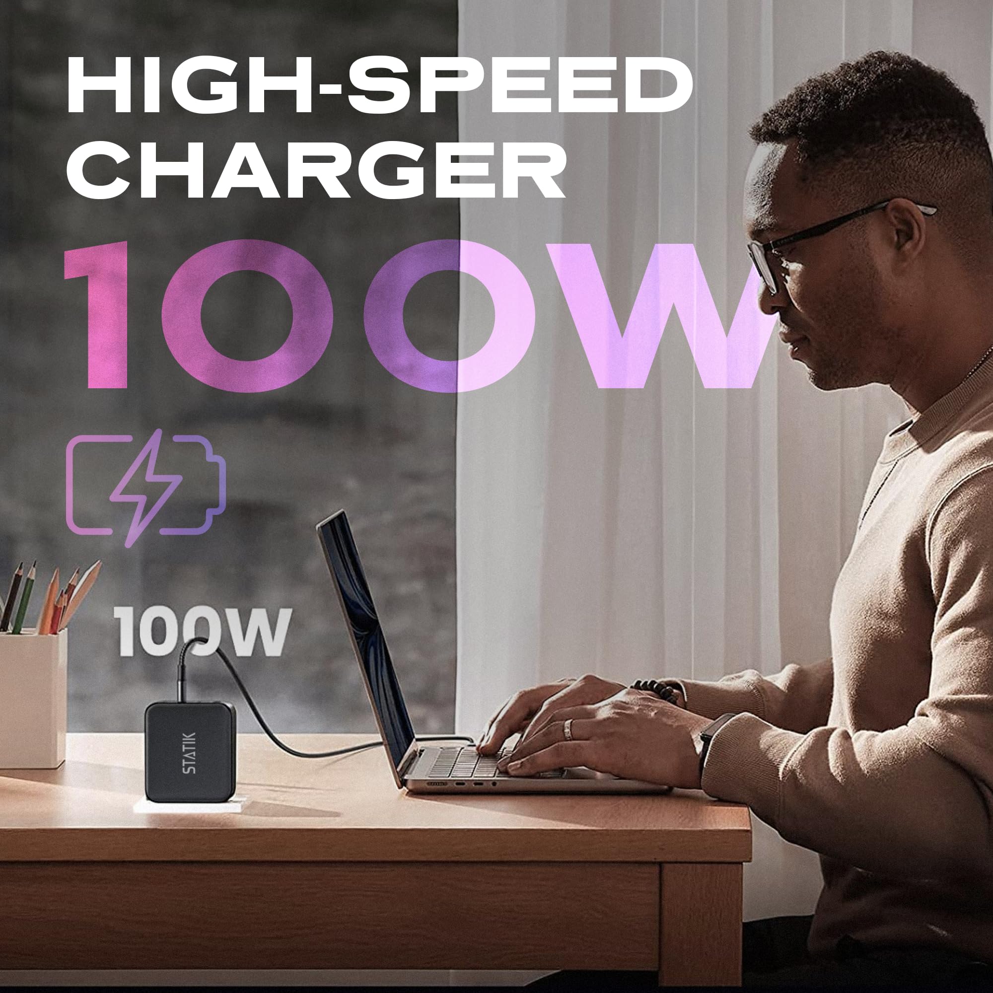 100W GaN Fast Charger with 3 Ports - USB C Wall Charger Adapter for MacBook Pro/Air, iPhone, Samsung Galaxy - Compact Power Block for Travel, Office & Home Use