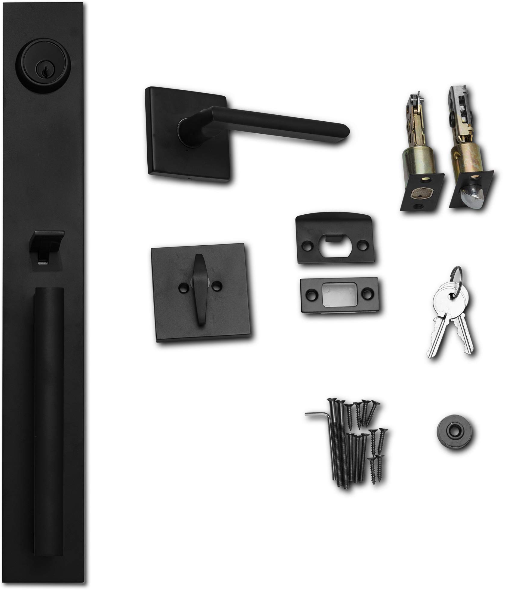 Berlin Modisch Full Escutcheon Heavy Duty Front Door Handle Set with Deadbolt Lock - Slim Square Single Cylinder, Iron Black Finish for Home Security & Entryway Protection | Perfect for Residential Doors, Apartments, and Office Buildings