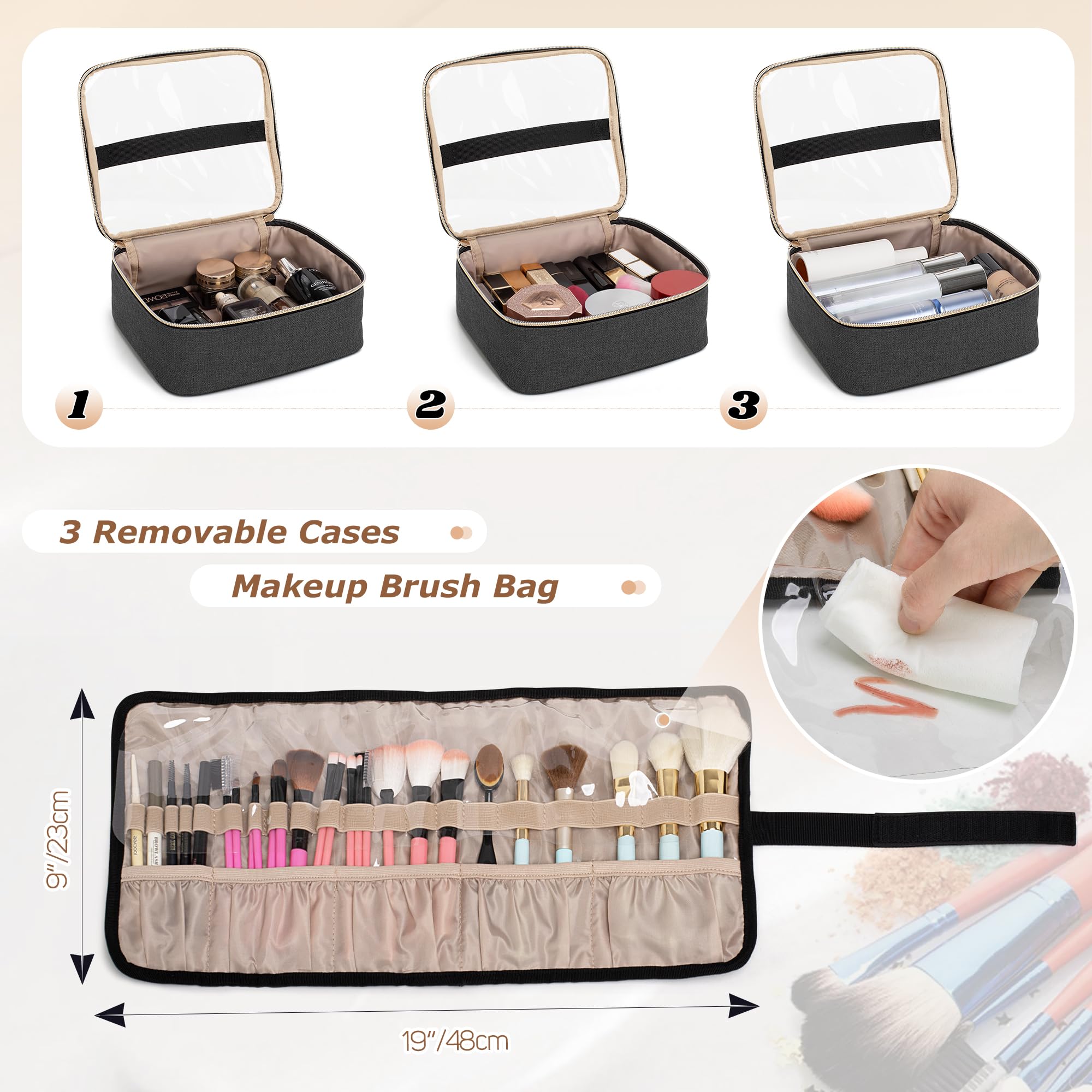 LUXJA Large Rolling Makeup Case with 3 Removable Pouches & Brush Bag - Professional Cosmetic Organizer with Detachable Dolly (Patented) - Perfect for Travel, Salon, and Makeup Artists - Black