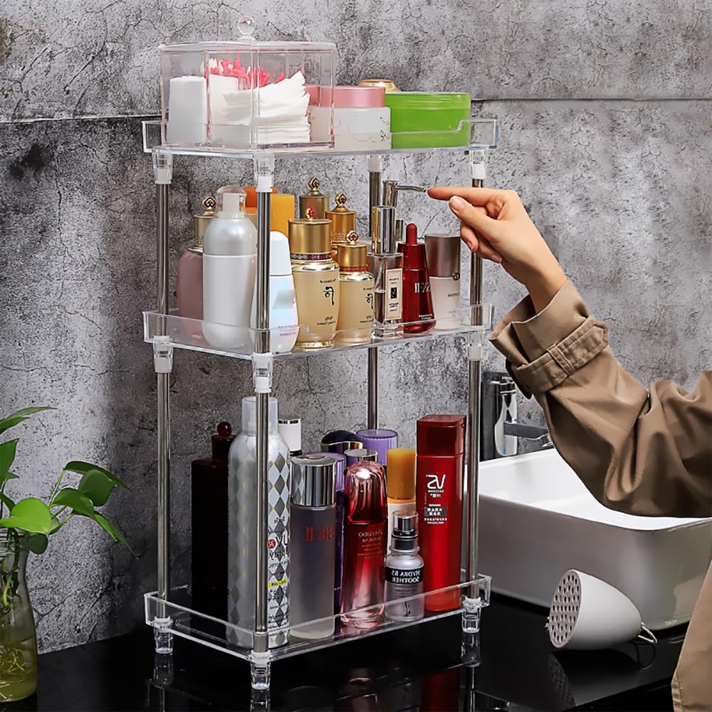 AfooBezos 3-Tier Clear Acrylic Bathroom Organizer - Countertop Vanity Tray & Corner Shelf for Skincare, Cosmetics & Makeup | Perfect for Small Spaces, Sink Counter Organization & Bathroom Storage