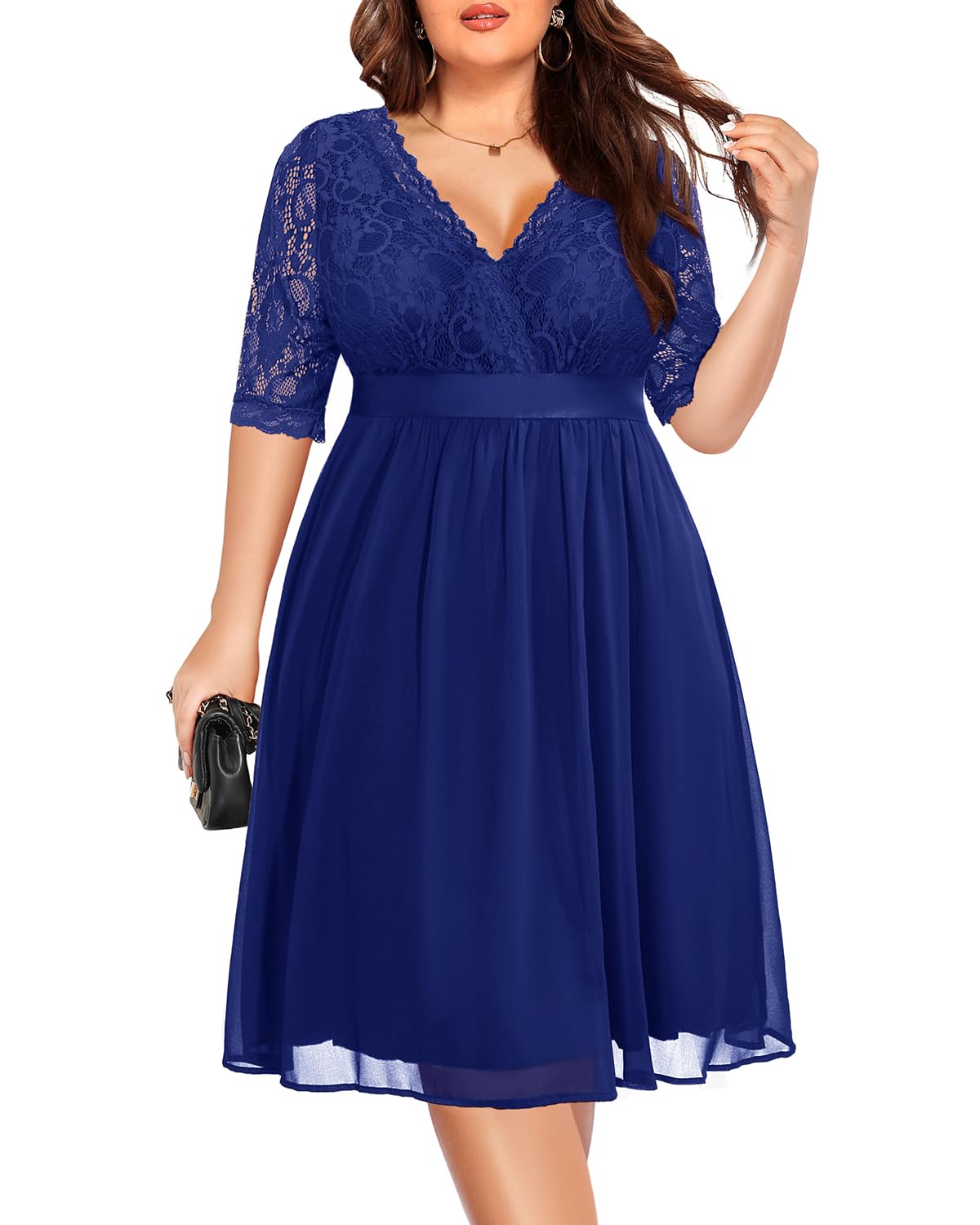 Plus Size Lace Chiffon Wrap V-Neck Midi Dress for Women - Elegant Cocktail & Wedding Guest Dress - Perfect for Parties, Date Nights & Special Occasions