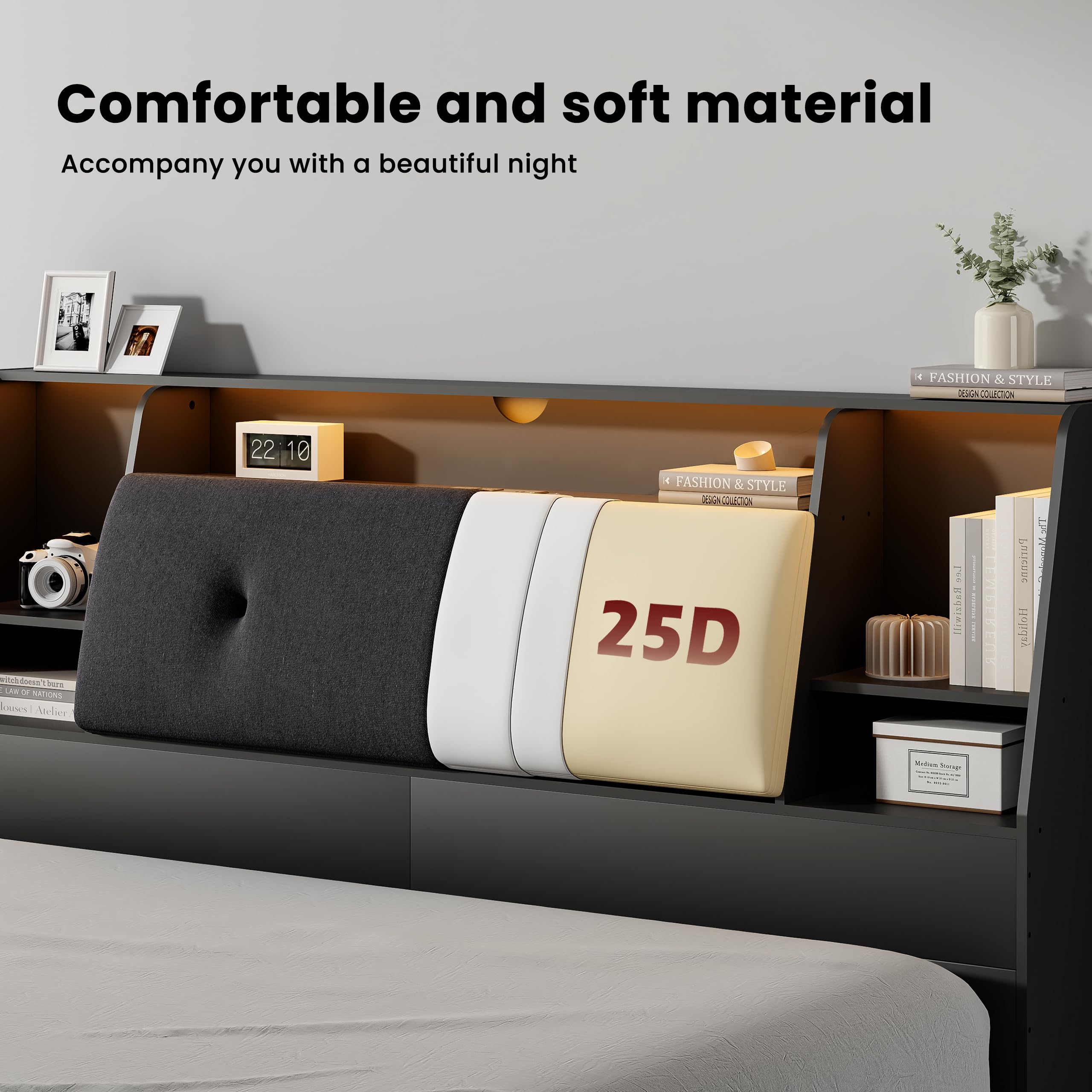 Queen Size Upholstered Headboard with Storage, USB Charging Station & 2 LED Lights - Wood Bookcase Design for Bedroom (Black, Soft Fabric) - Perfect for Master Bedrooms, Guest Rooms & Small Spaces with Limited Storage