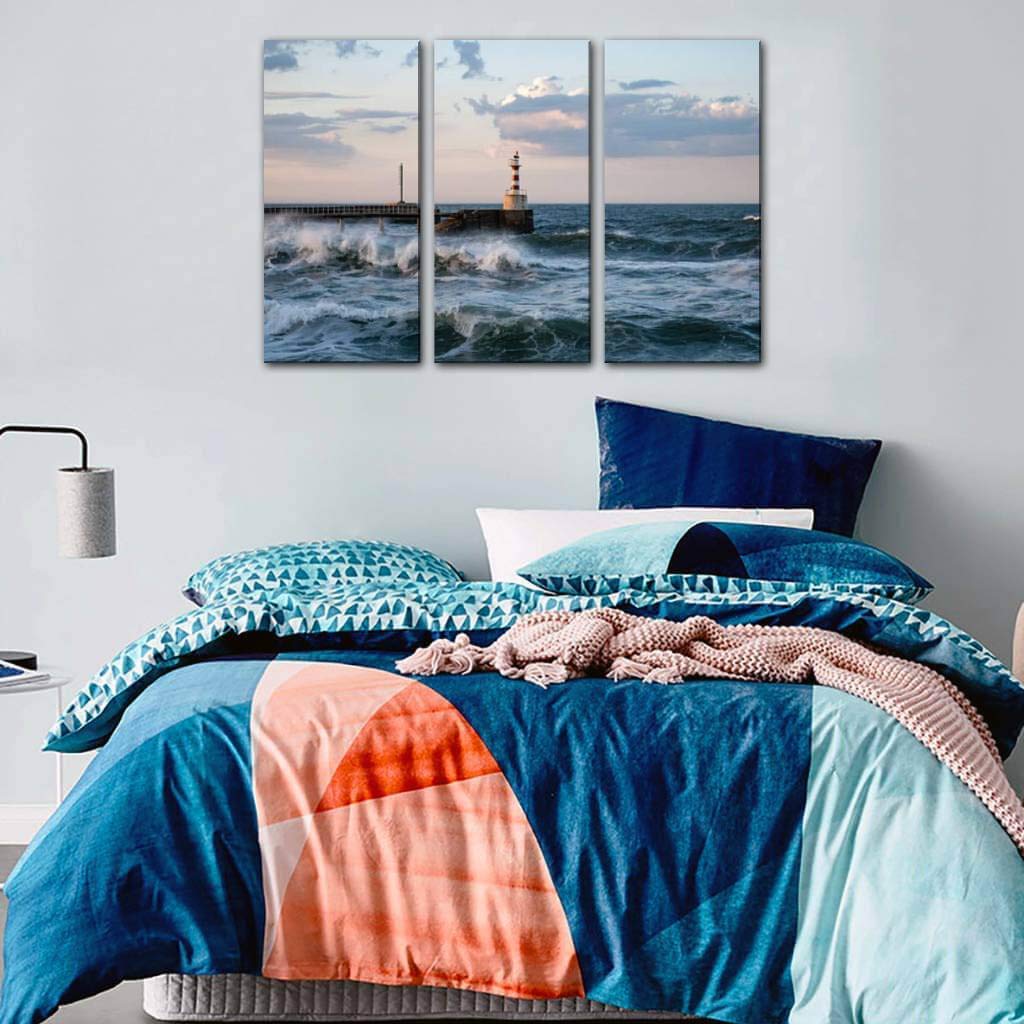 Stormy Coast Canvas Wall Art - 3 Panels Lighthouse Painting for Living Room & Bedroom Decor