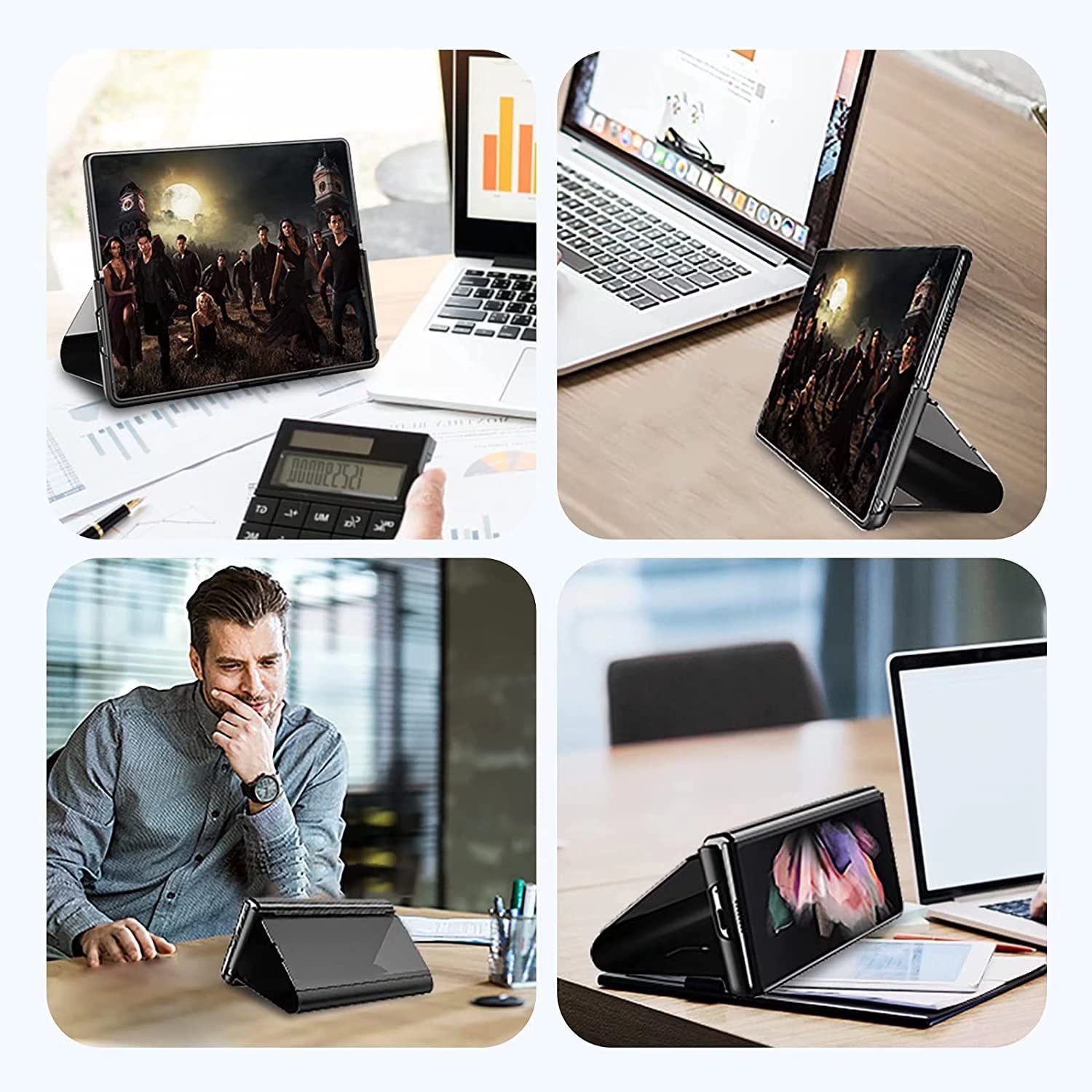 Premium Shockproof Vivo X Fold Phone Case - Mirror Flip Stand Cover with PC/PU Translucent Design | Durable Protection for Vivo X Fold | Perfect for Work, Travel & Everyday Use - Black