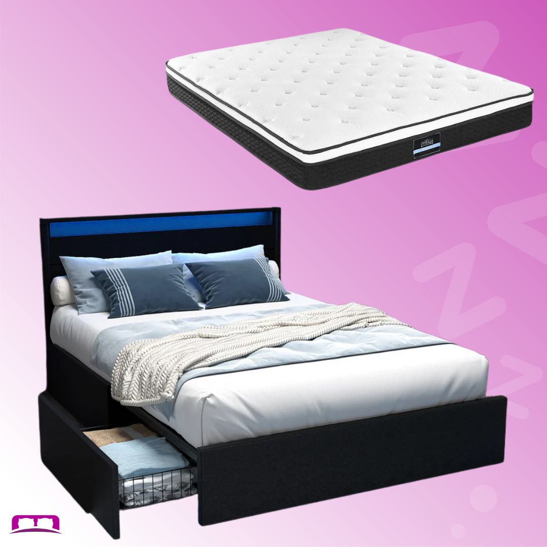 Dunelight LED Bed Black & Bonita Pillow Top Mattress - Medium Firm Queen Size Double Package for Bedroom, Guest Room & Dorm Use
