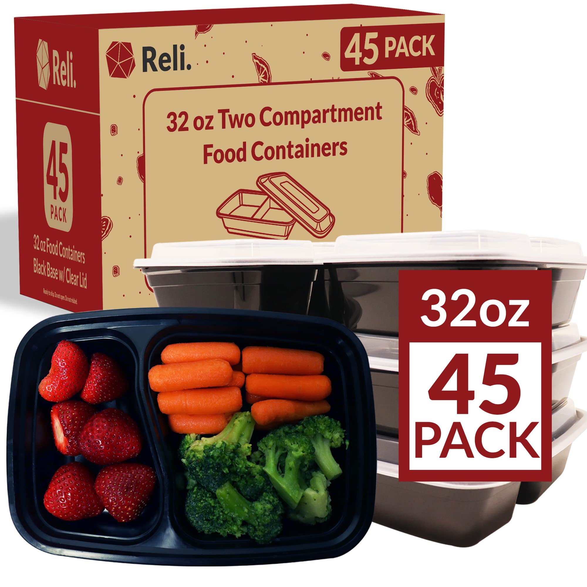 Reliable 32 oz Meal Prep Containers - 45 Pack with Lids | 2-Compartment Microwave-Safe Food Storage Containers | Reusable Bento Box & Lunch Box for Office, School, Picnics & Meal Prepping