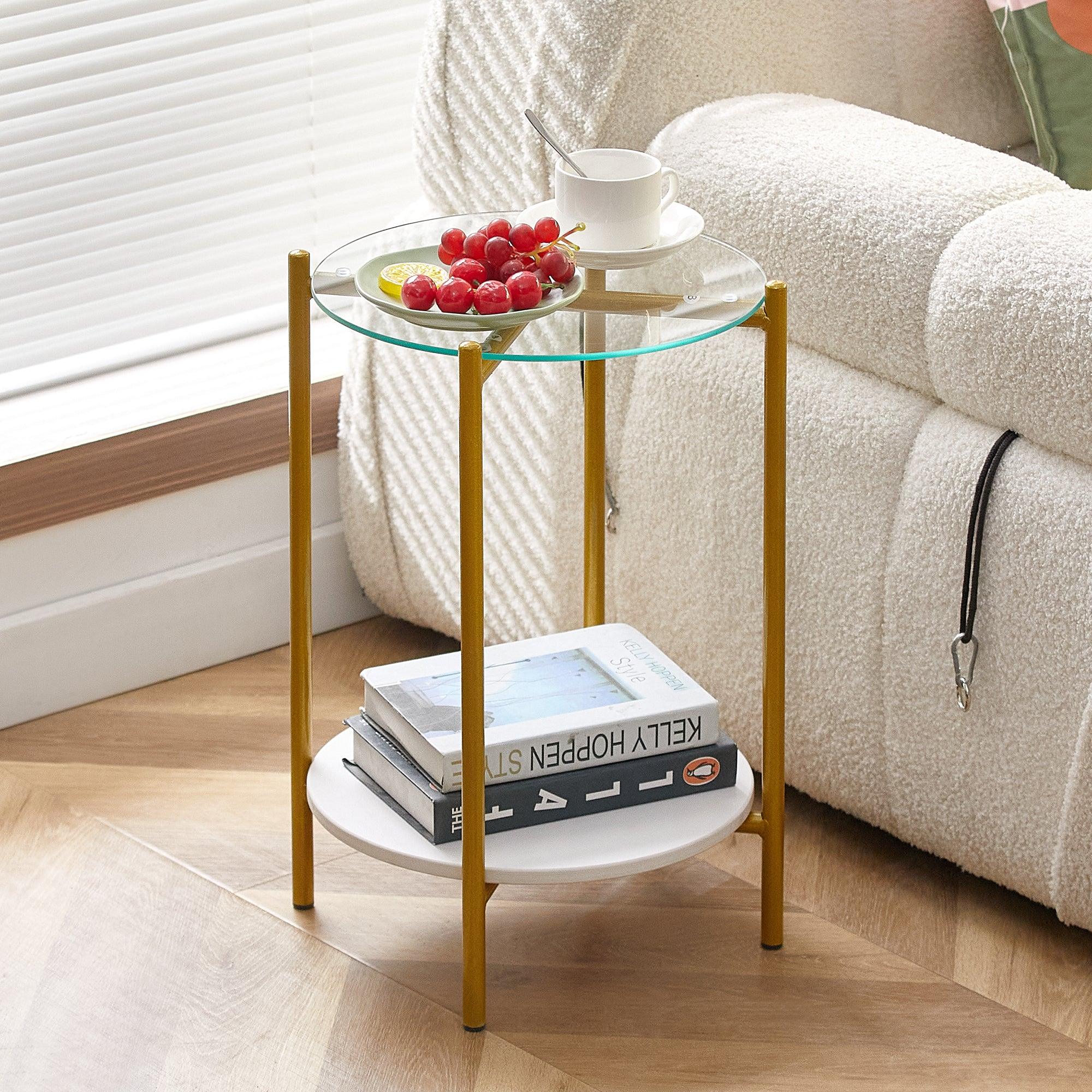 2-Tier Round End Table with Tempered Glass & Marble Top - Gold Metal Frame Coffee Table for Living Room, Bedroom, Office - Perfect for Small Spaces & Modern Decor (1 Piece)
