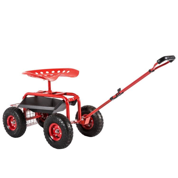 **360° Swivel Rolling Garden Seat with Wheels - Adjustable Garden Cart with Tool Tray & Storage Basket, Red - Perfect for Gardening, Landscaping & Outdoor Work**