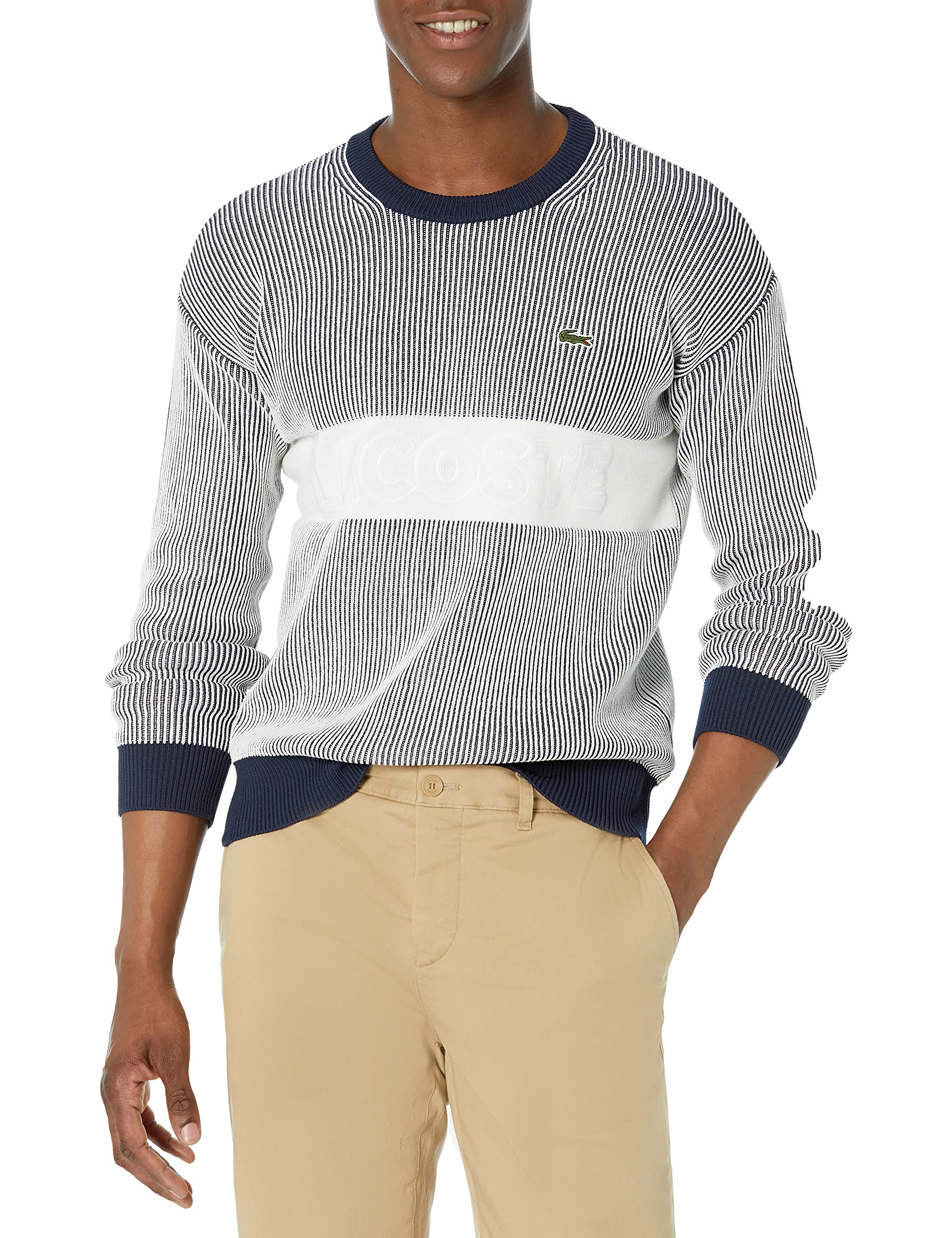 Lacoste Men's Long Sleeve Ribbed Heritage Crewneck Sweater | Classic Cotton Knit Pullover | Casual & Business Wear | Perfect for Fall & Winter Outfits