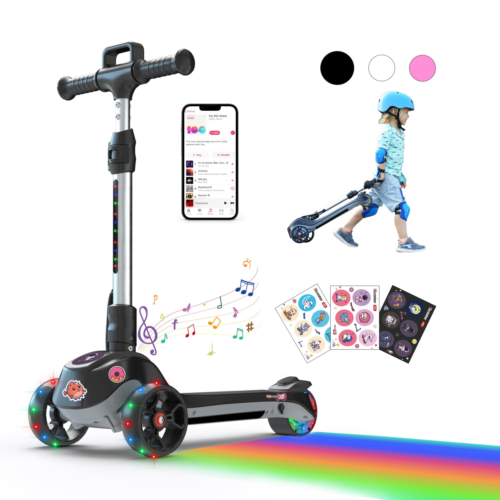 iScooter ik2 Electric Scooter for Kids Ages 3-8 - Bluetooth Speaker, LED Light Wheels, Adjustable Height, Foldable Design - Perfect for Commuting to School, Park Rides & Neighborhood Fun