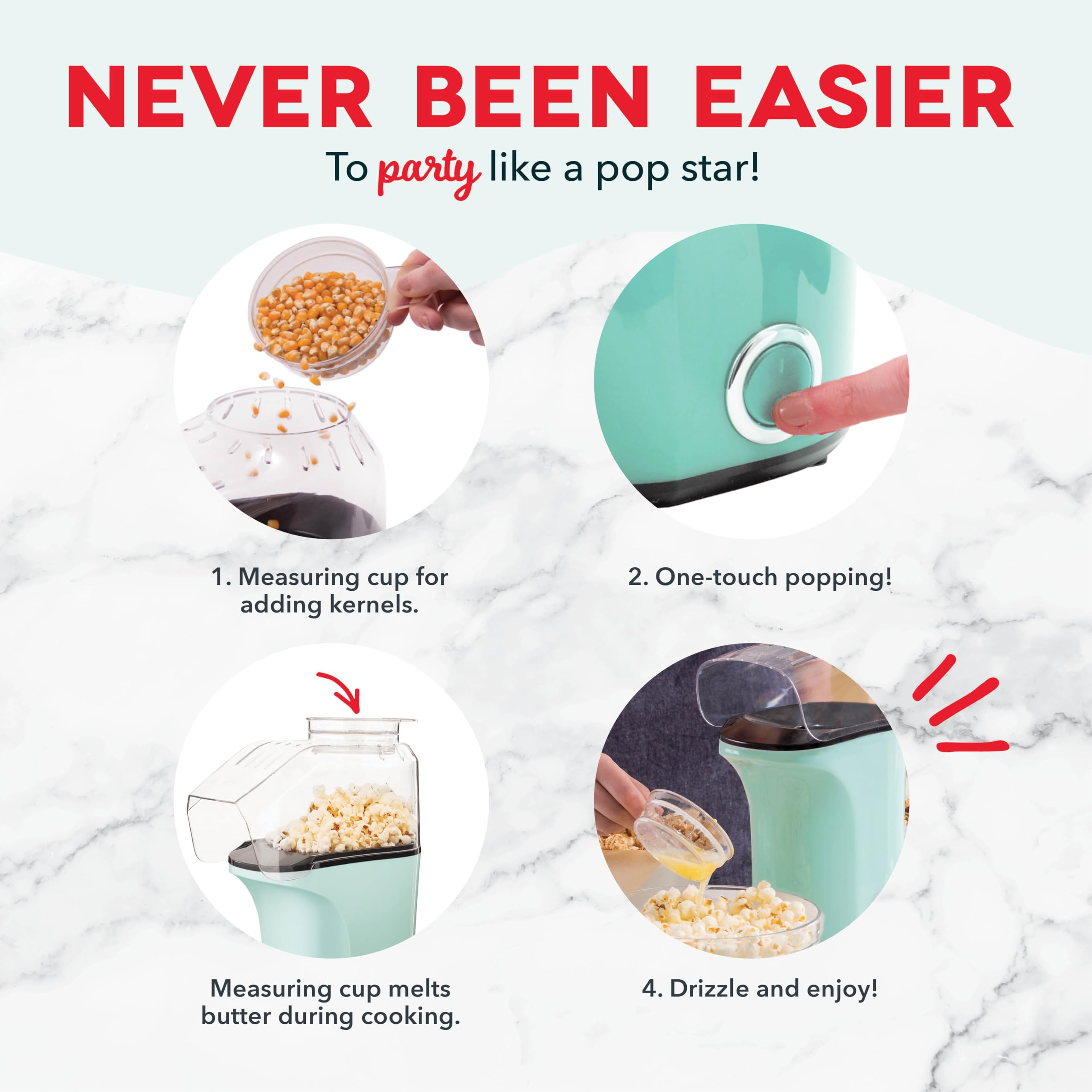 DASH Hot Air Popcorn Maker Machine - Healthy Snack Maker with Measuring Cup & Butter Melter - Makes 16 Cups - Perfect for Movie Nights, Parties & Family Snacking - Red