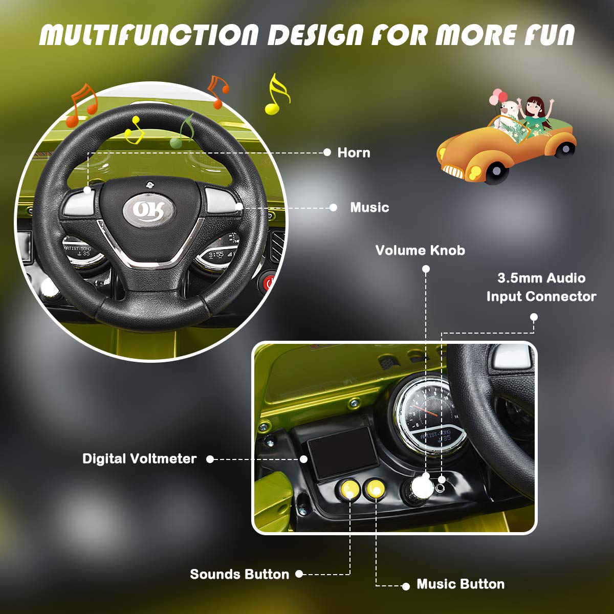 HONEY JOY 12V Battery Powered Ride On Truck for Kids - Remote Control Electric Car with MP3 Player, Music, Horn, LED Lights & Spring Suspension - Open Door Design for Boys & Girls (Green) - Perfect for Indoor Play, Outdoor Adventures & Birthday Gifts